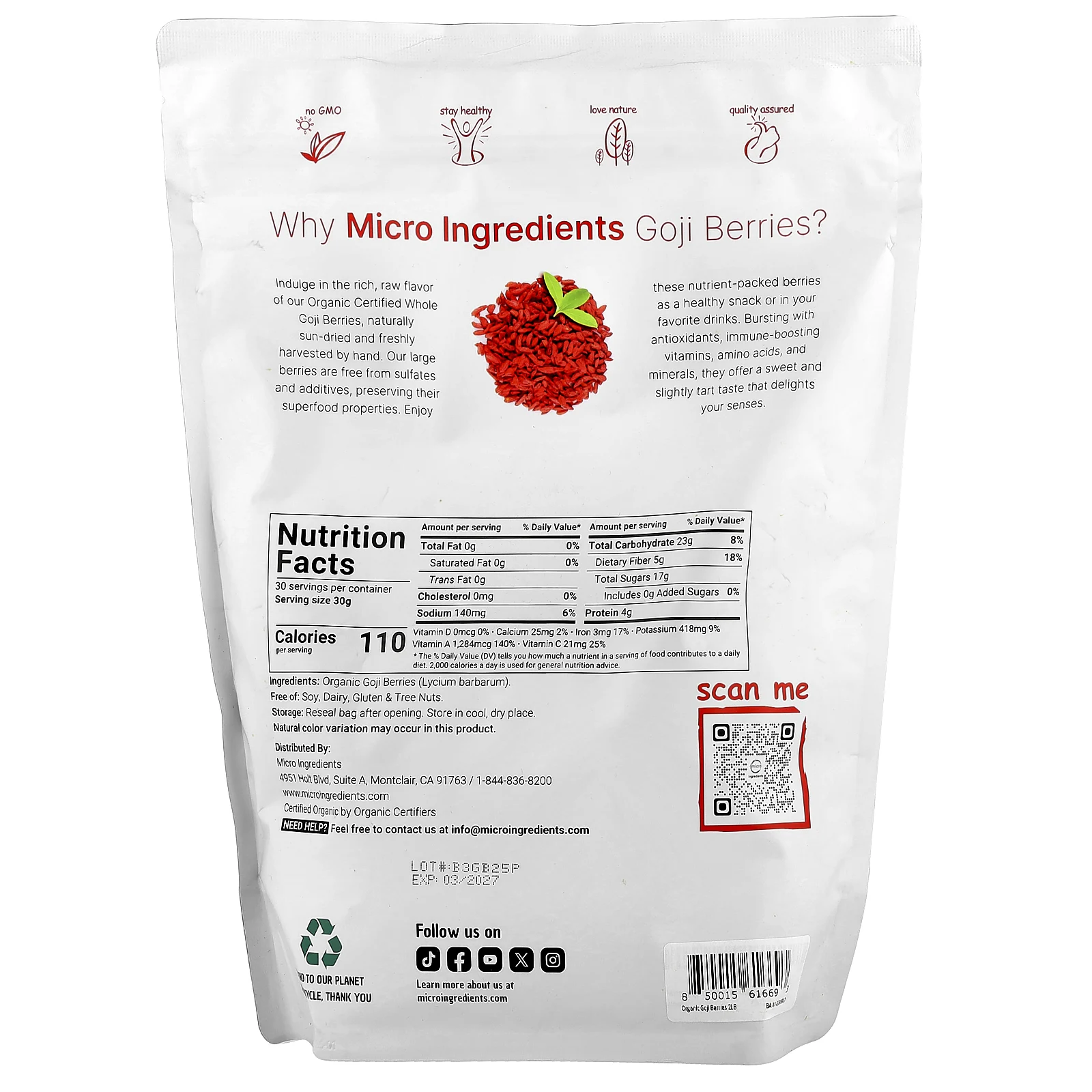 Micro Ingredients, Органические ягоды годжи, 907 г (2 фунта)