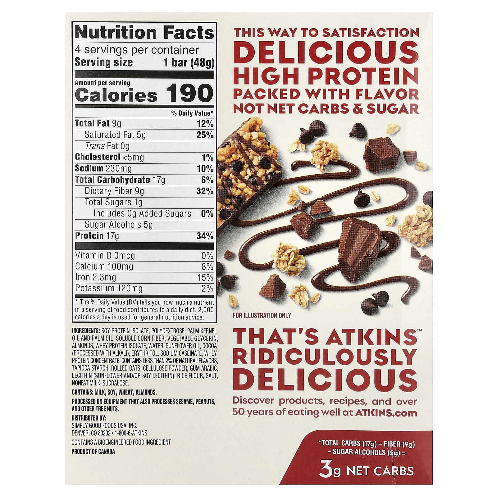 Atkins, высокопротеиновый батончик, гранола с шоколадной крошкой, 4 батончика по 48 г (1,69 унции)