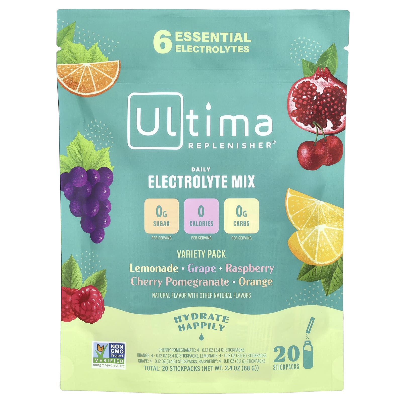 Ultima Replenisher, 6 незаменимых электролитов, ежедневная смесь электролитов, разнообразный набор, 20 стиков