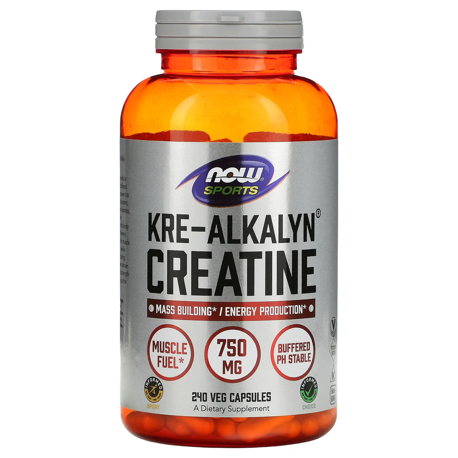 NOW Foods, Sports, Kre-Alkalyn креатин, 1500 мг, 240 растительных капсул (750 мг в 1 капсуле)