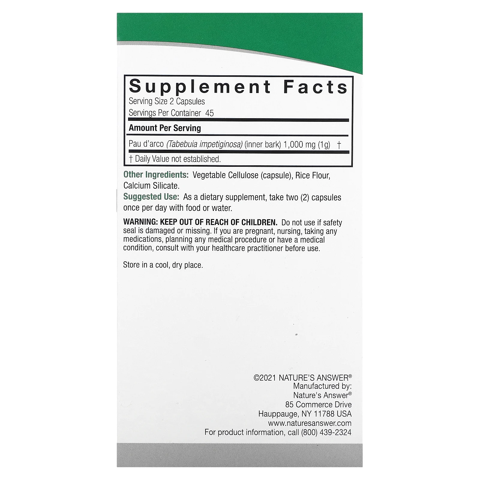 Nature's Answer, кора муравьиного дерева, 1000 мг, 90 вегетарианских капсул (500 мг в 1 капсуле)