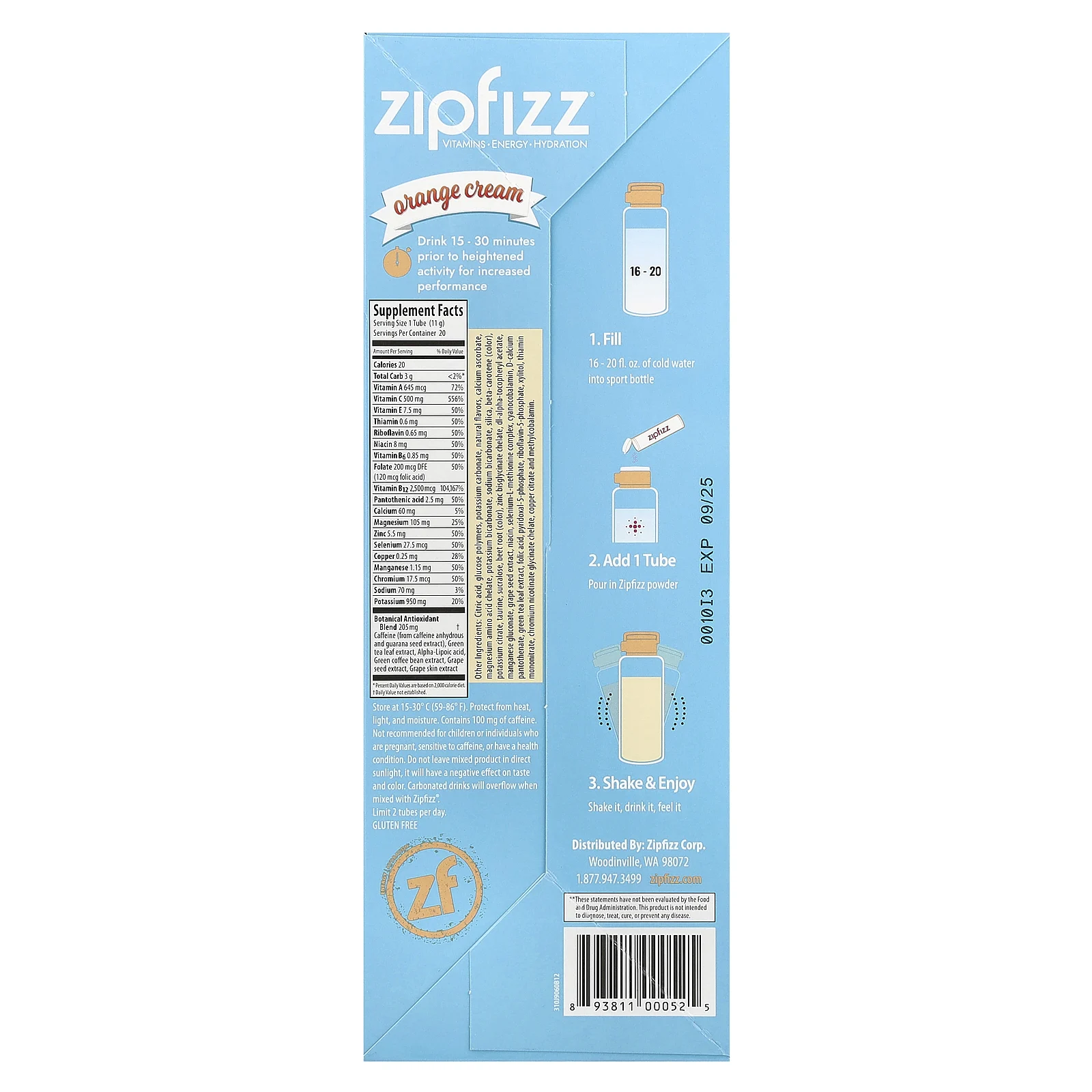 Zipfizz, Энергетическая смесь для здорового спорта с витамином B12, апельсиновый крем, 20 тюбиков по 11 г (0,39 унции)