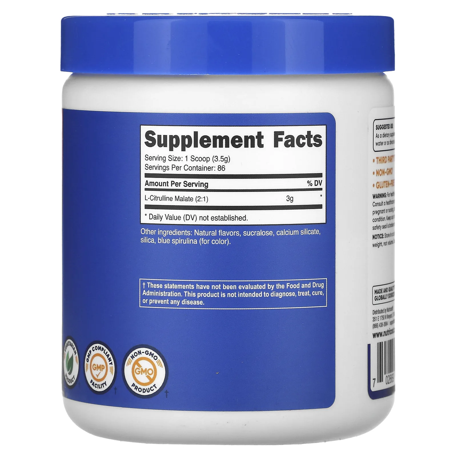 Nutricost, L-цитруллин малат 2:1, голубая малина, 300 г (10,6 унции)