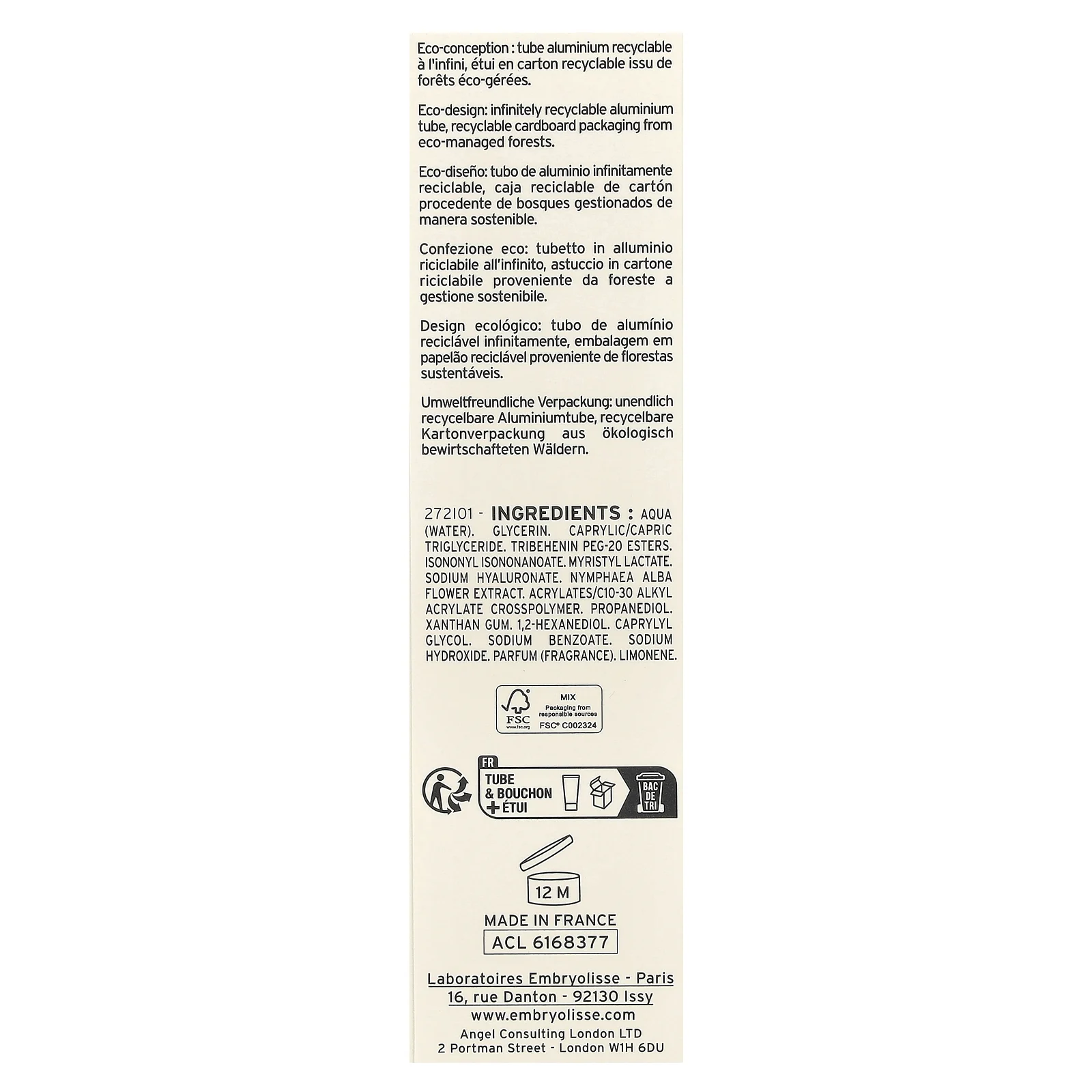 Embryolisse, Hydra-Cream, легкий увлажняющий крем, свежесть, 40 мл (1,35 жидк. унции)