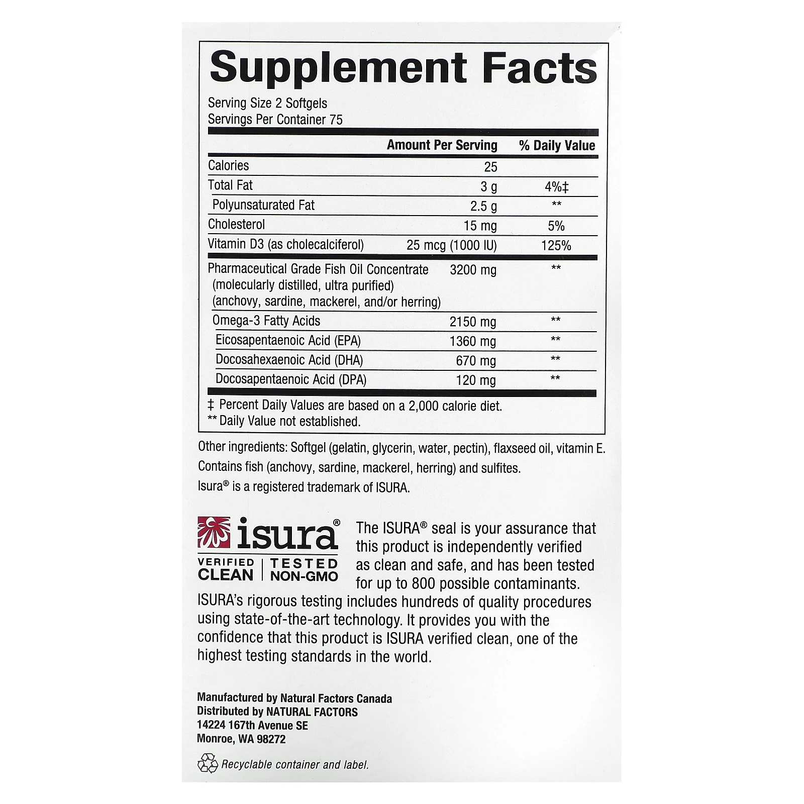 Natural Factors, RxOmega-3, омега-3 повышенной силы действия с витамином D3, 2150 мг, 150 капсул (1075 мг в 1 капсуле)