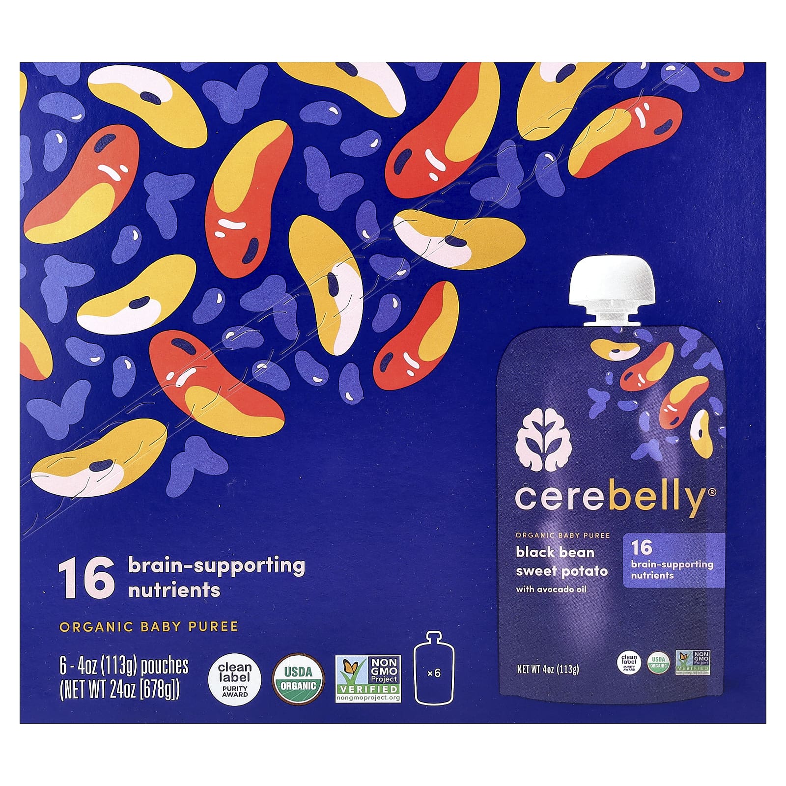 Cerebelly, Органическое детское пюре, черная фасоль, батат с маслом авокадо, 6 пакетиков по 113 г (4 унции)