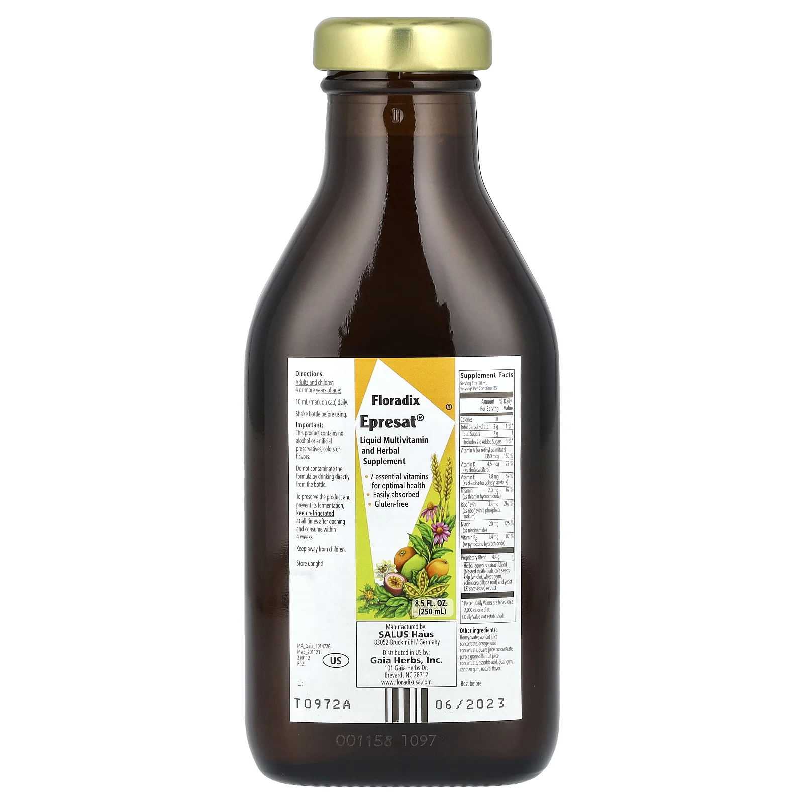 Floradix, Epresat, жидкая мультивитаминная и травяная добавка, 250 мл (8,5 жидк. Унции)