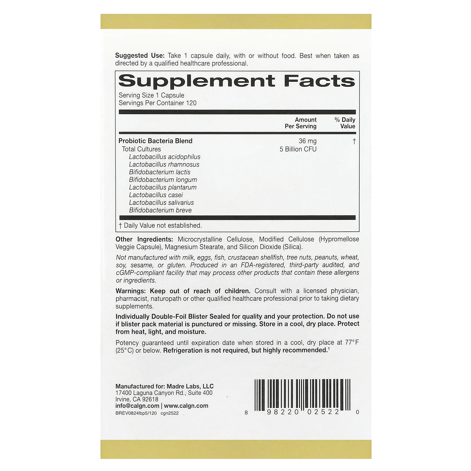 California Gold Nutrition, LactoBif® 5, пробиотики из 5 лактобактерий и 3 бифидобактерий, 5 млрд КОЕ, 120 растительных капсул