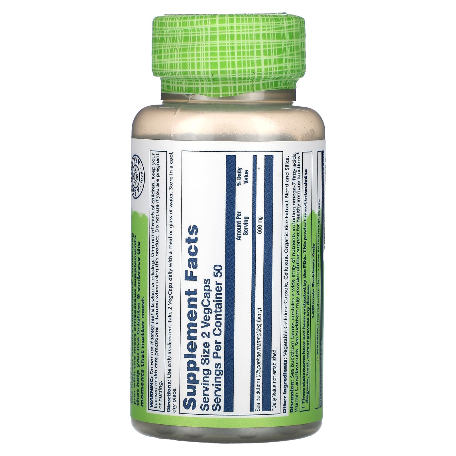 Solaray, True Herbs, облепиха, 600 мг, 100 растительных капсул (300 мг в 1 капсуле)