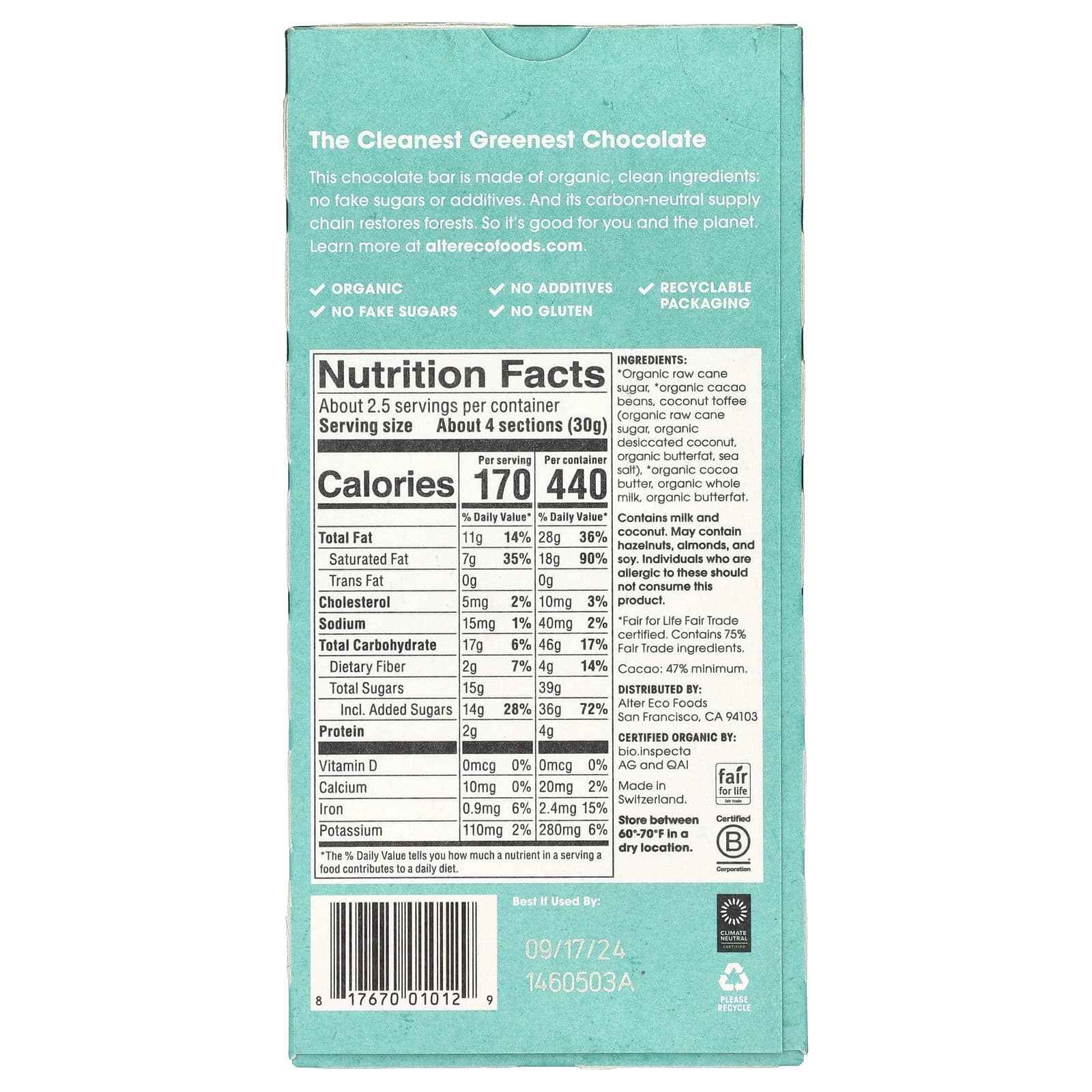 Alter Eco, плитка органического темного шоколада, кокос и ирис, 47% какао, 80 г (2,82 унции)