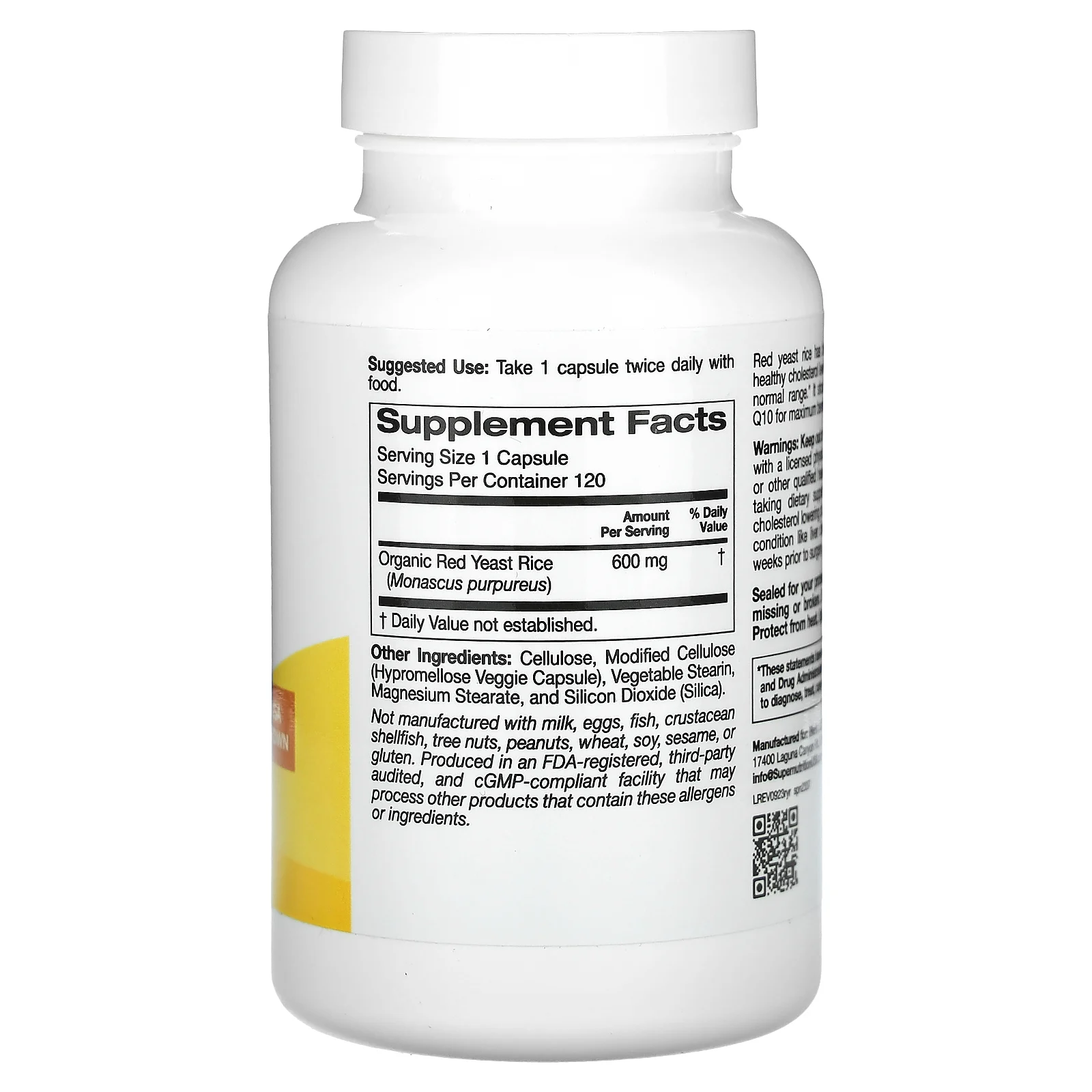 Super Nutrition, красный ферментированный рис, 600 мг, 120 растительных капсул