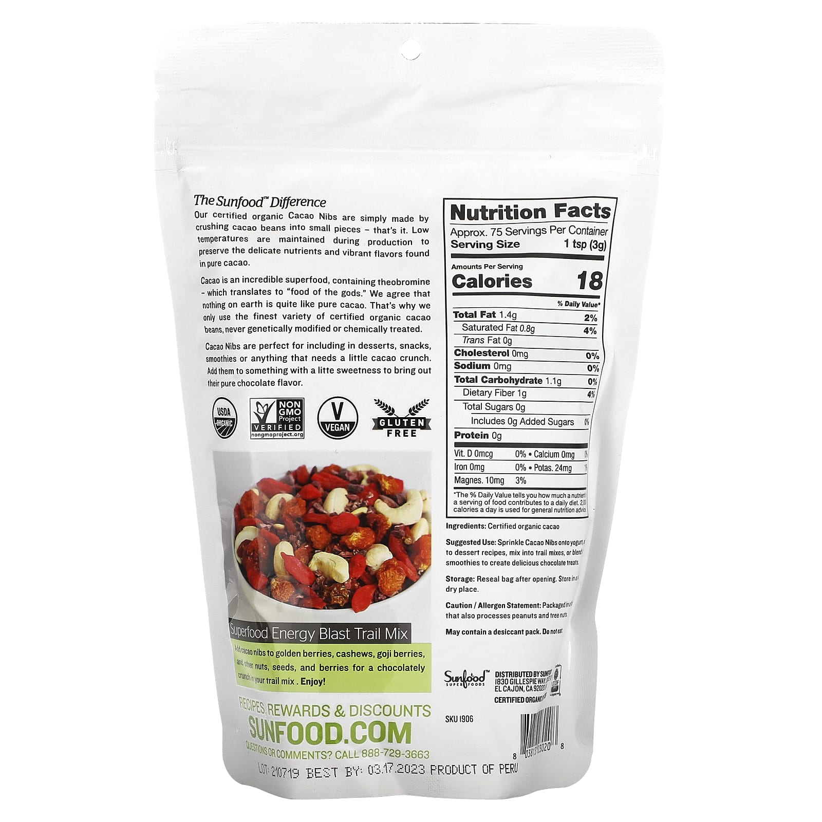 Sunfood, Дробленые шоколадные какао-бобы, 227 г (8 унций)