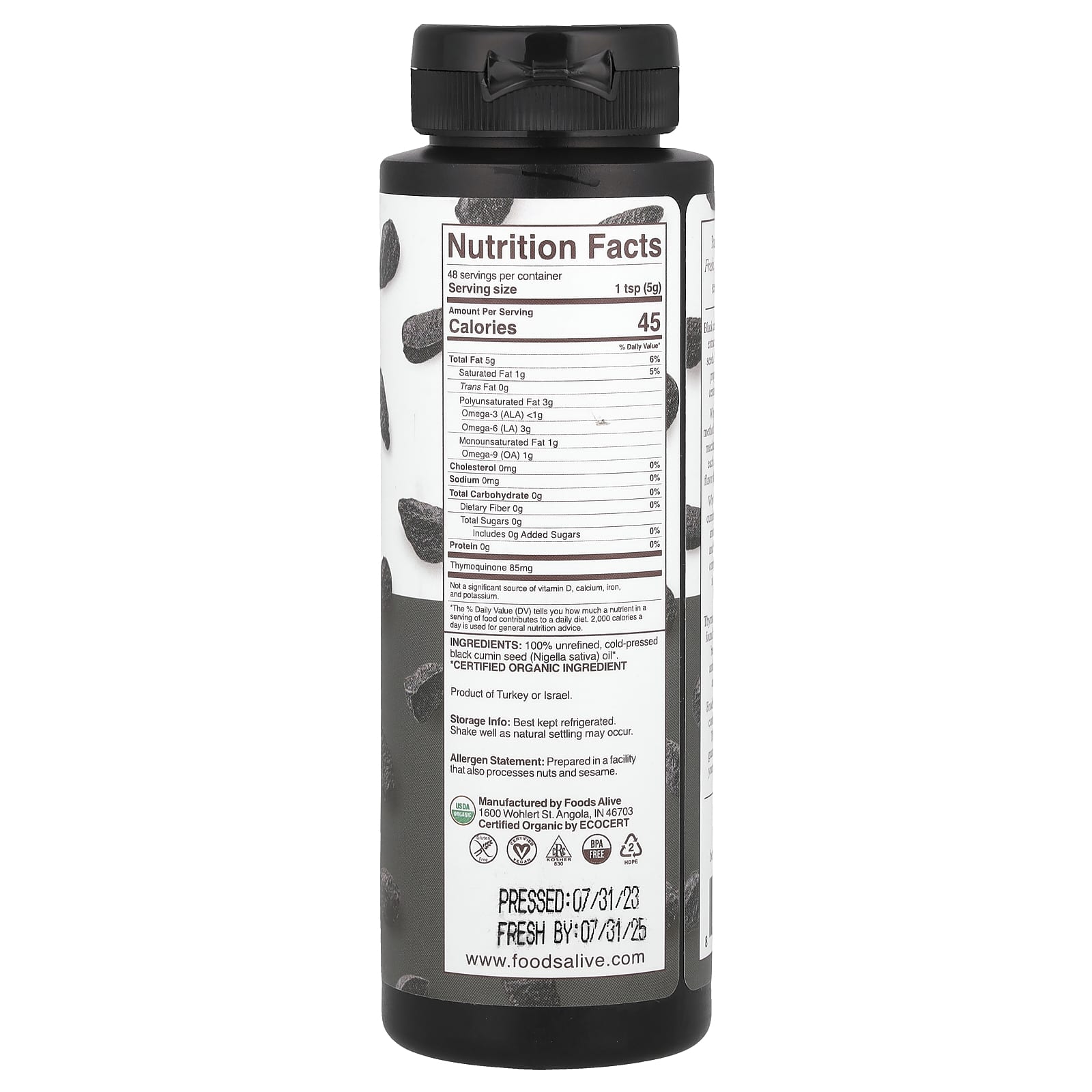 Foods Alive, органическое масло черного тмина, 236 мл (8 жидких унций)