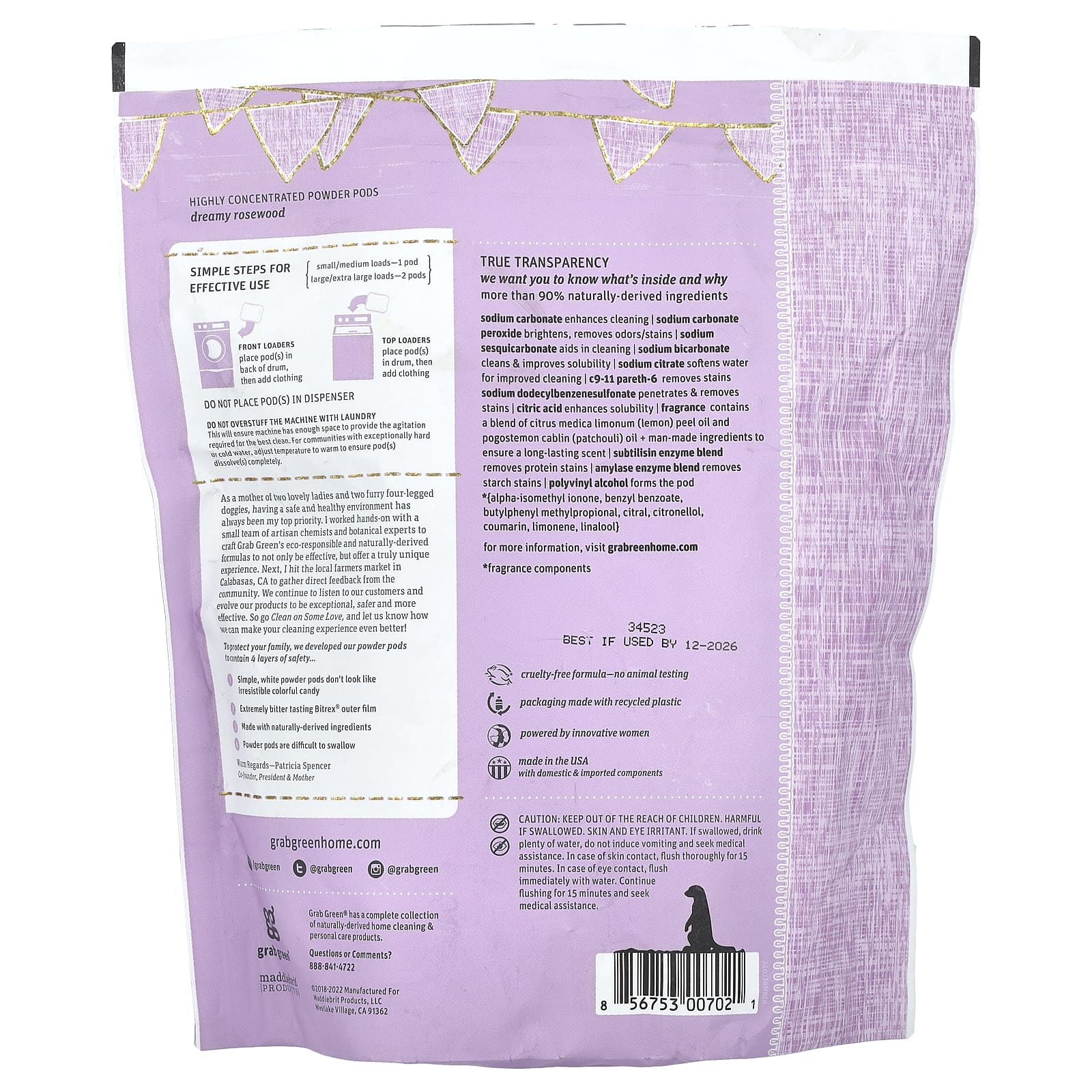 Grab Green, капсулы со стиральным порошком, для малышей в возрасте от 5 месяцев, сказочное розовое дерево с эфирными маслами, 50 загрузок, 800 г (1,76 фунта)