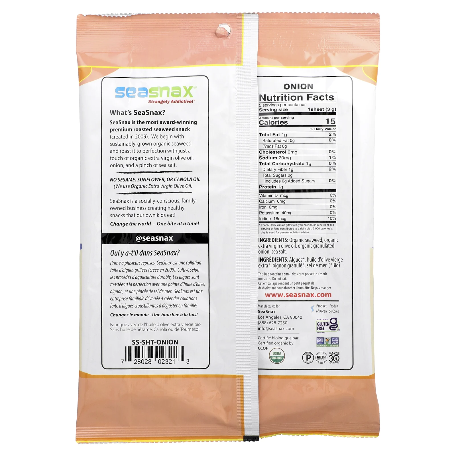 SeaSnax, Organic Premium, обжаренные морские водоросли, поджаренный лук, 15 г (0,54 унции)