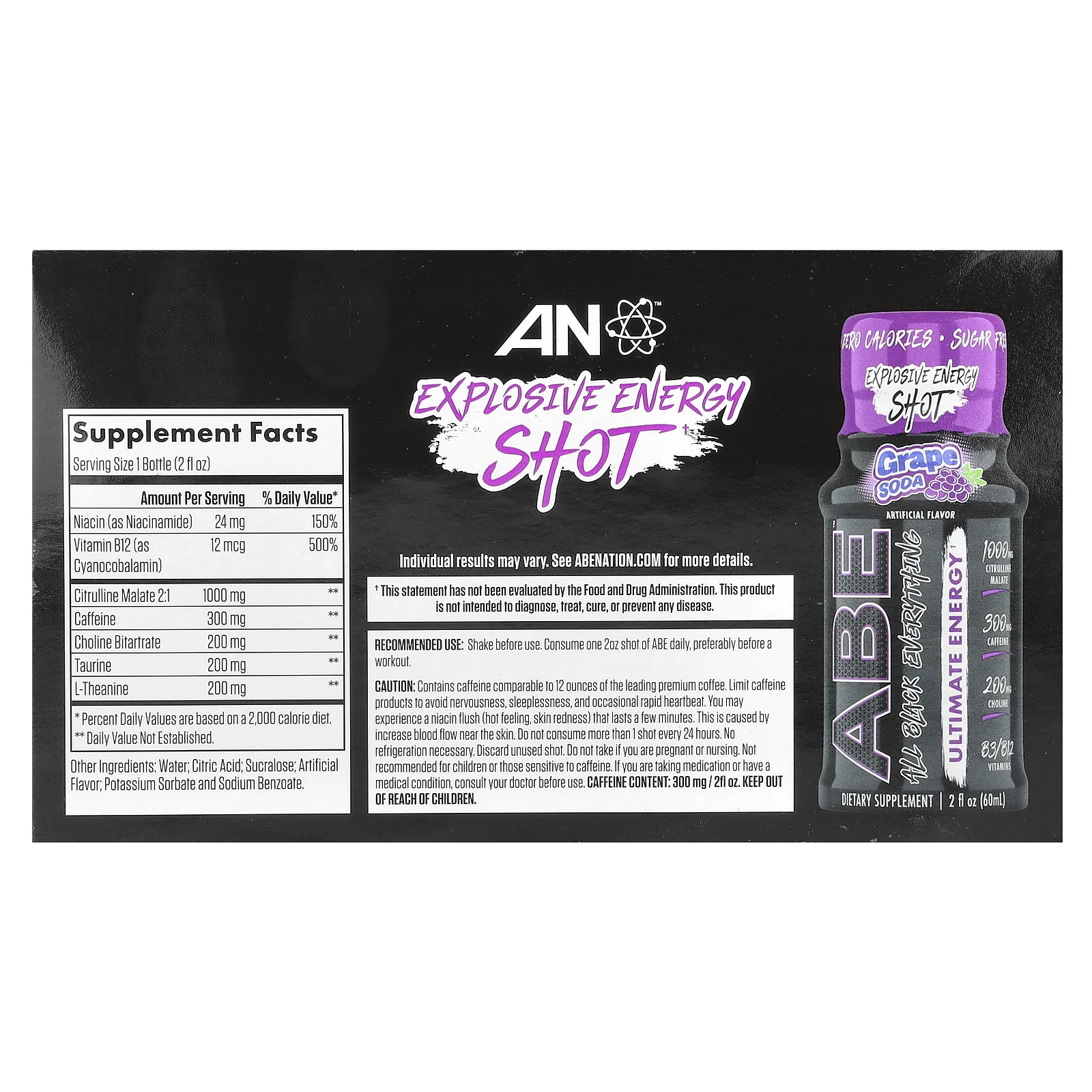 ABE, Ultimate Energy, виноградная сода, 12 пакетиков по 60 мл (2 жидк. Унции)