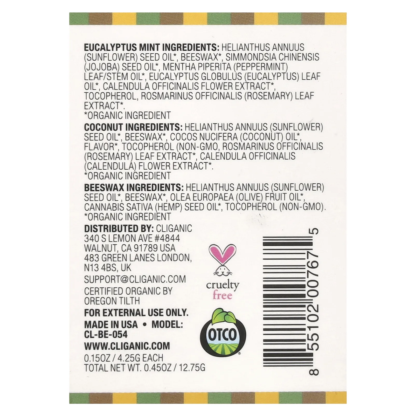 Cliganic, Набор органических бальзамов для губ, 3 упаковки, по 4,25 г (0,15 унции)