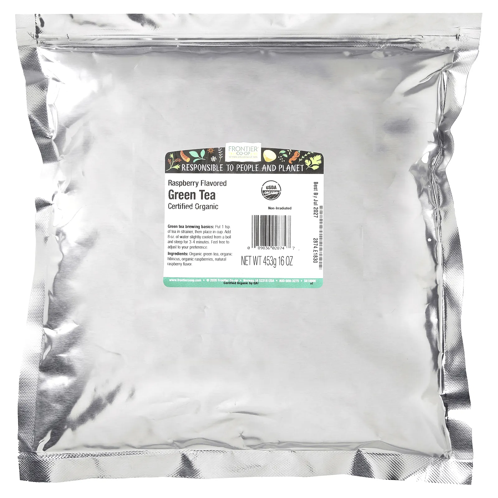 Frontier Co-op, Органический зеленый чай, малина, 453 г (16 унций)