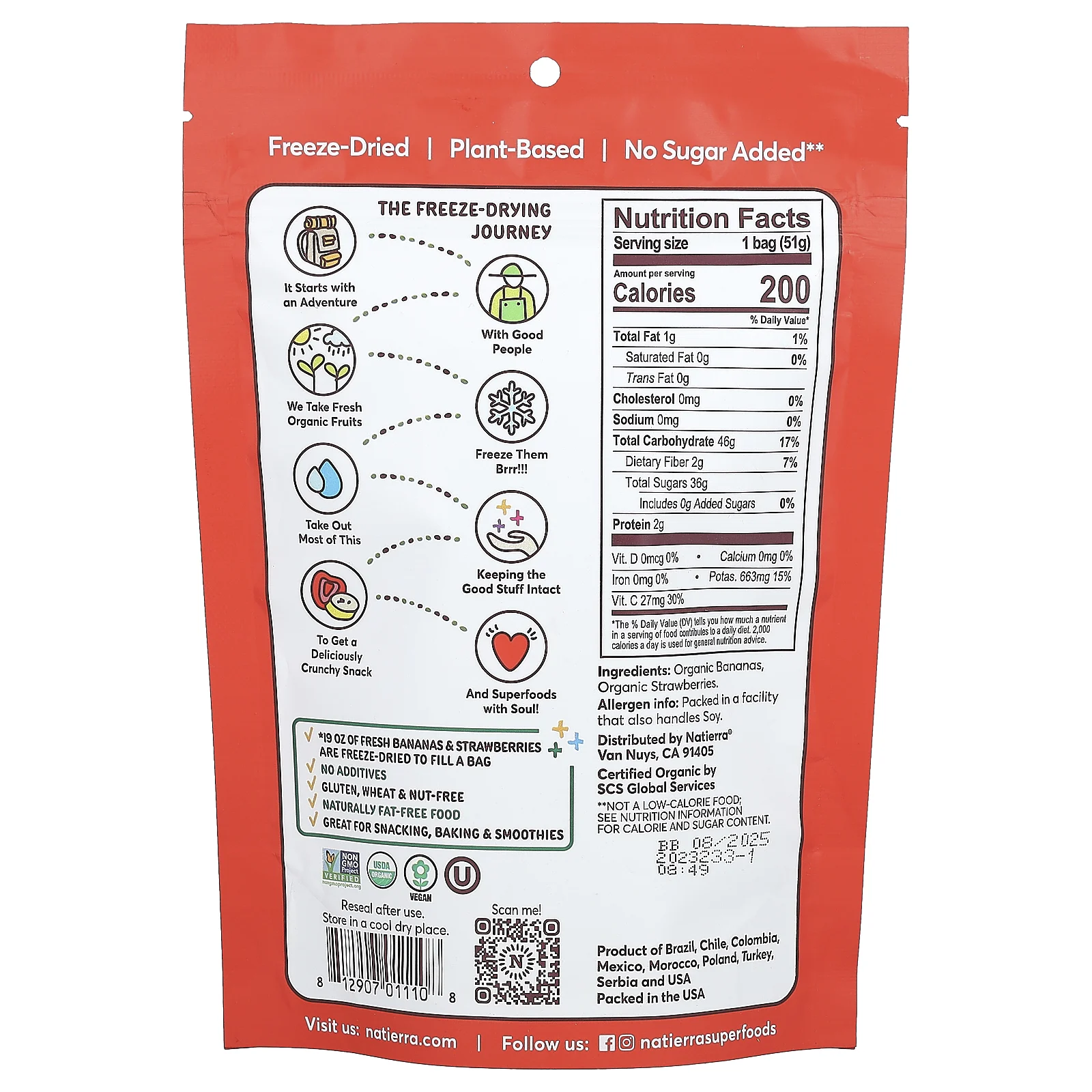 Natierra, органические сублимированные бананы и клубника, 51 г (1,8 унции)