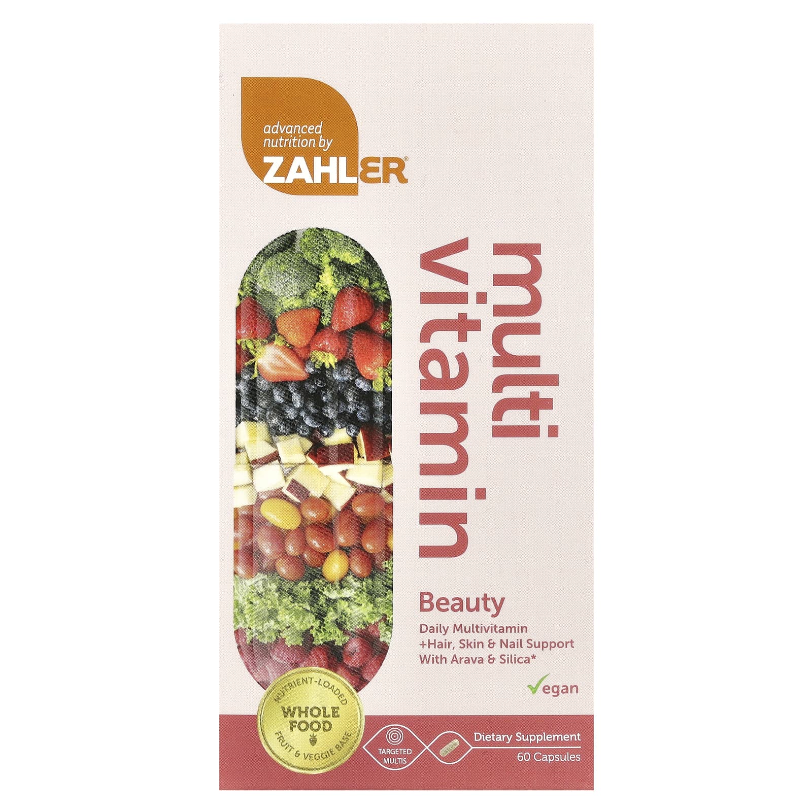 Zahler, Multivitamin Beauty, мультивитаминная добавка для здоровья волос, кожи и ногтей, с аравой и диоксидом кремния, 60 капсул
