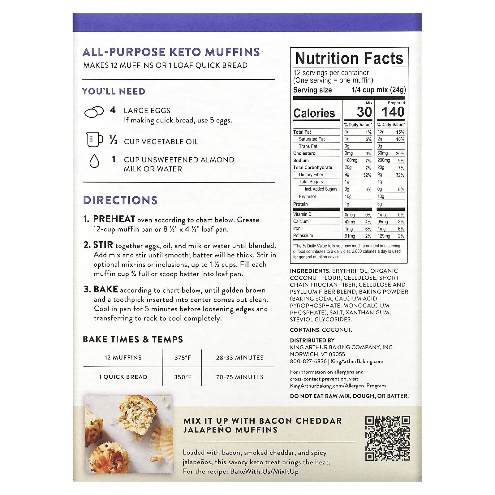 King Arthur Baking Company, Универсальная смесь для кето-маффинов, 283 г (10 унций)