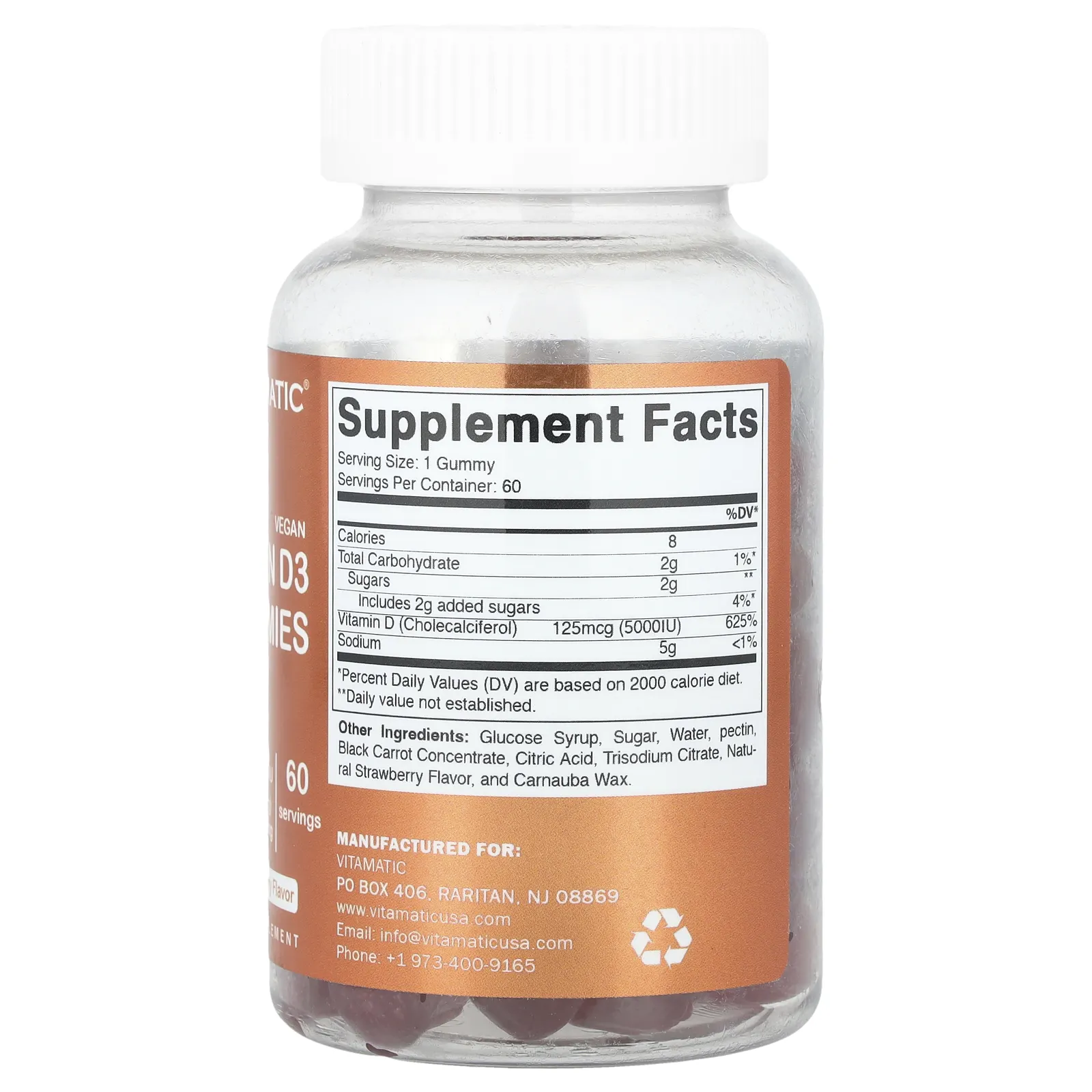 Vitamatic, Веганские жевательные мармеладки с витамином D3, клубника, 125 мкг (5000 МЕ), 60 жевательных таблеток