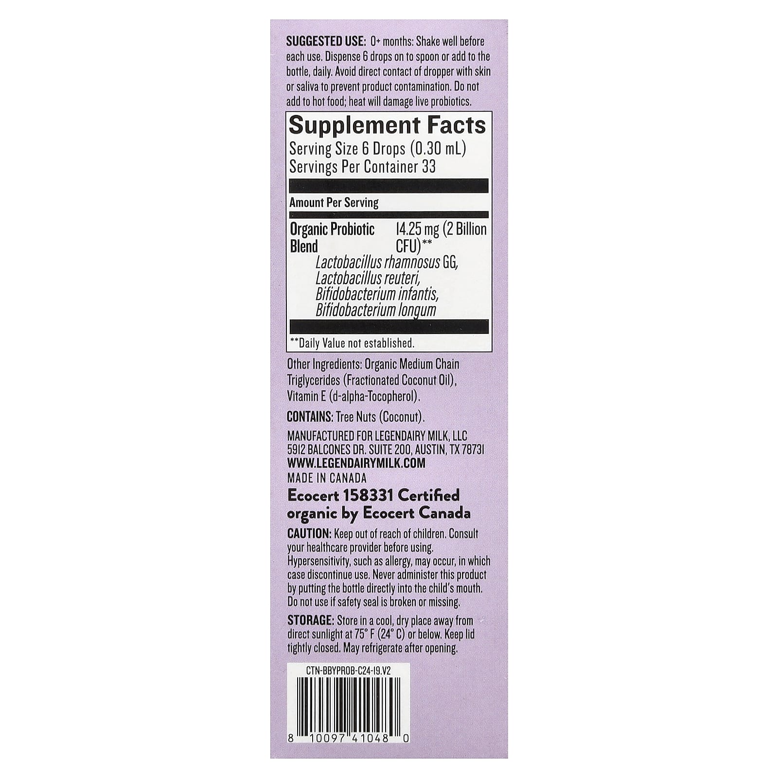 Legendairy Milk, органический пробиотик, для детей от 0 месяцев, 10 мл (0,34 жидк. унции)