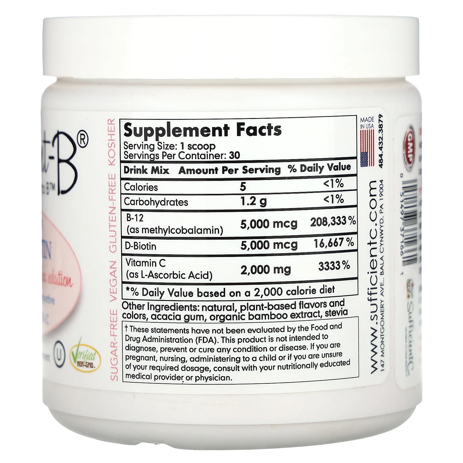 Sufficient C, Abundant-B, высокодозированная смесь для приготовления напитка с витамином B-12 и биотином, розовый лимонад, 108 г