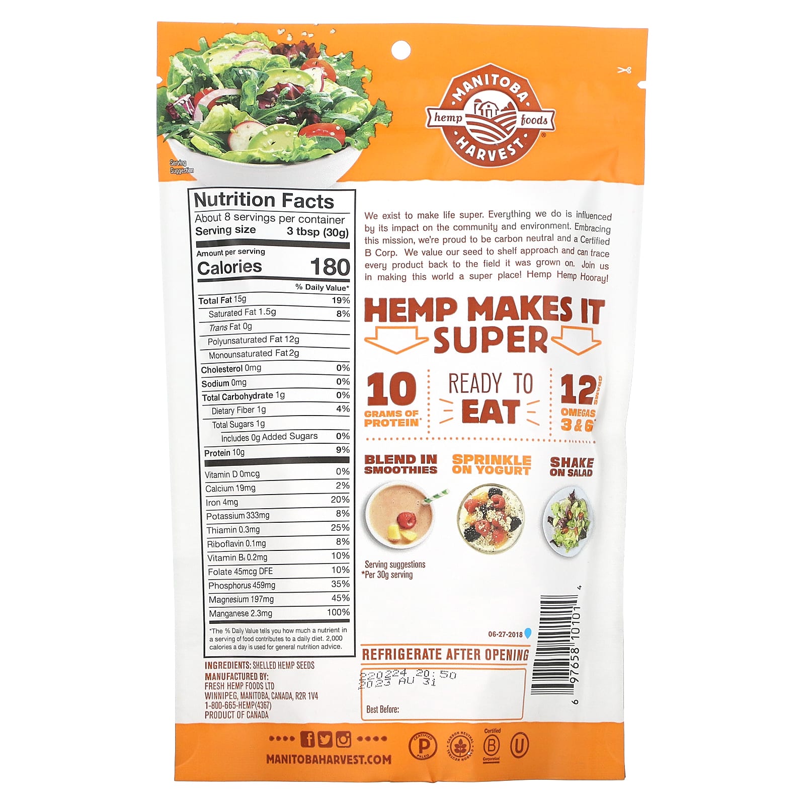 Manitoba Harvest, Hemp Hearts, очищенные семена конопли, с ореховым ароматизатором, 227 г (8 унций)