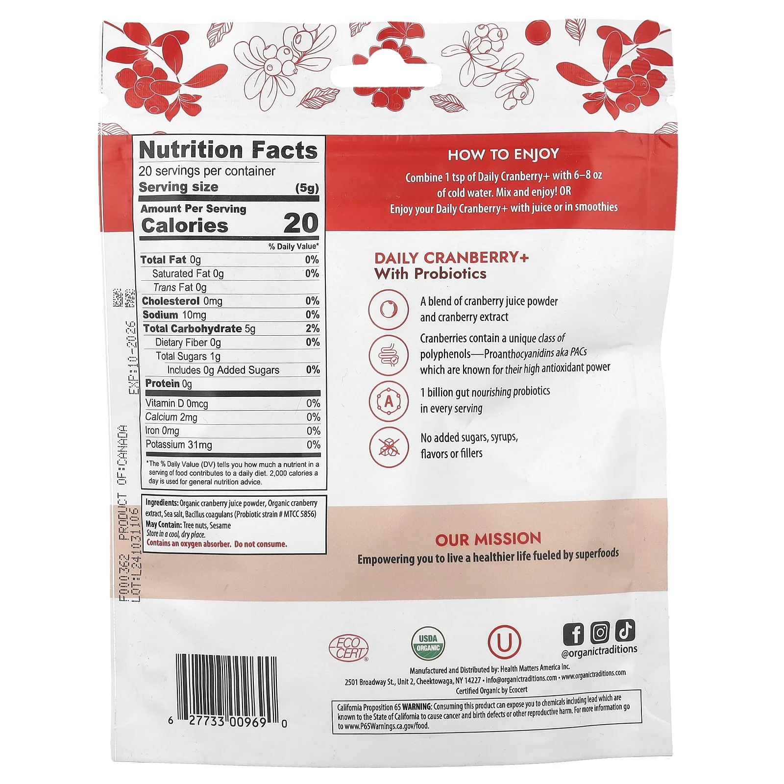 Organic Traditions, Ежедневная добавка с клюквой и пробиотиками, 100 г (3,5 унции)