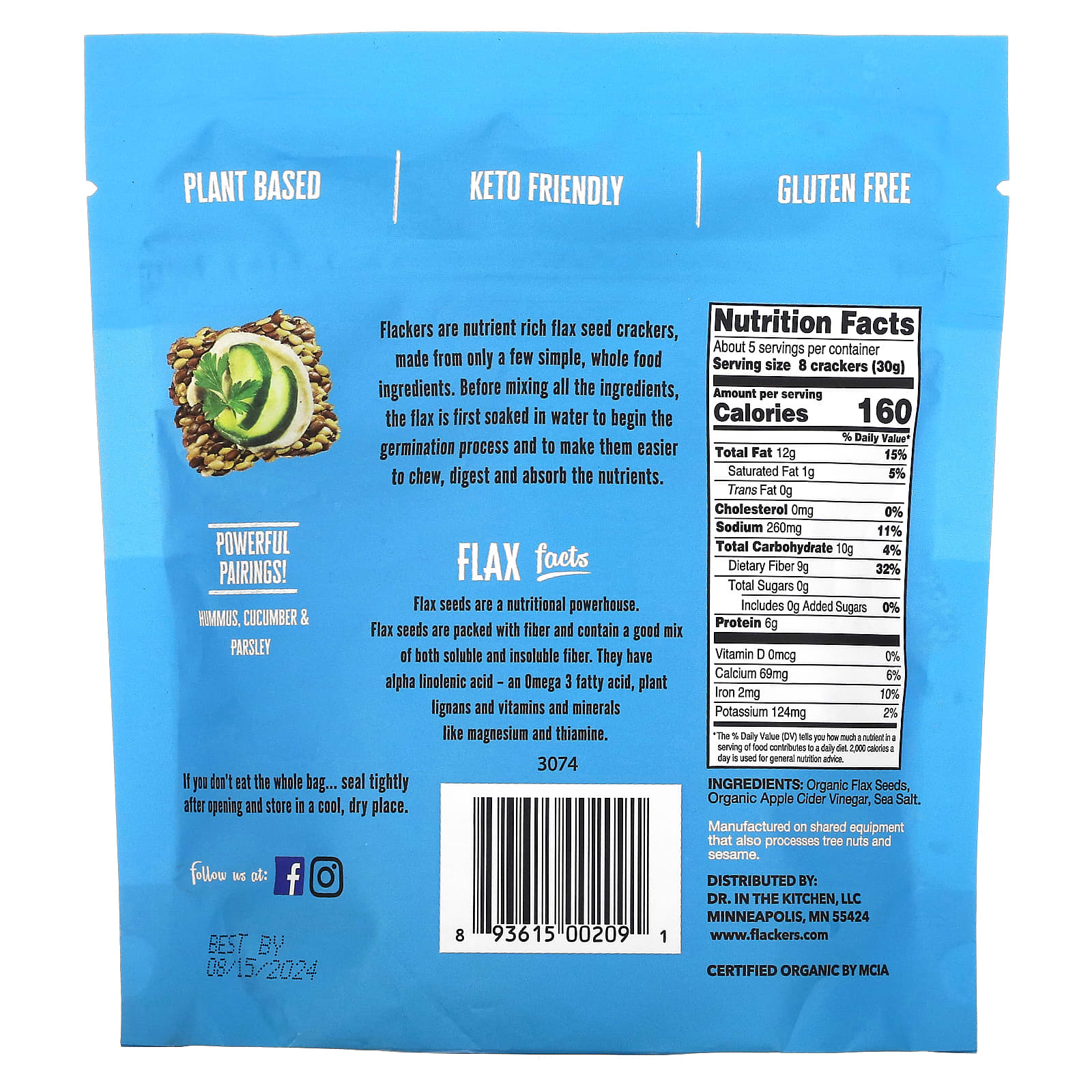 Flackers, крекеры из семян льна, с морской солью, 142 г (5 унций)