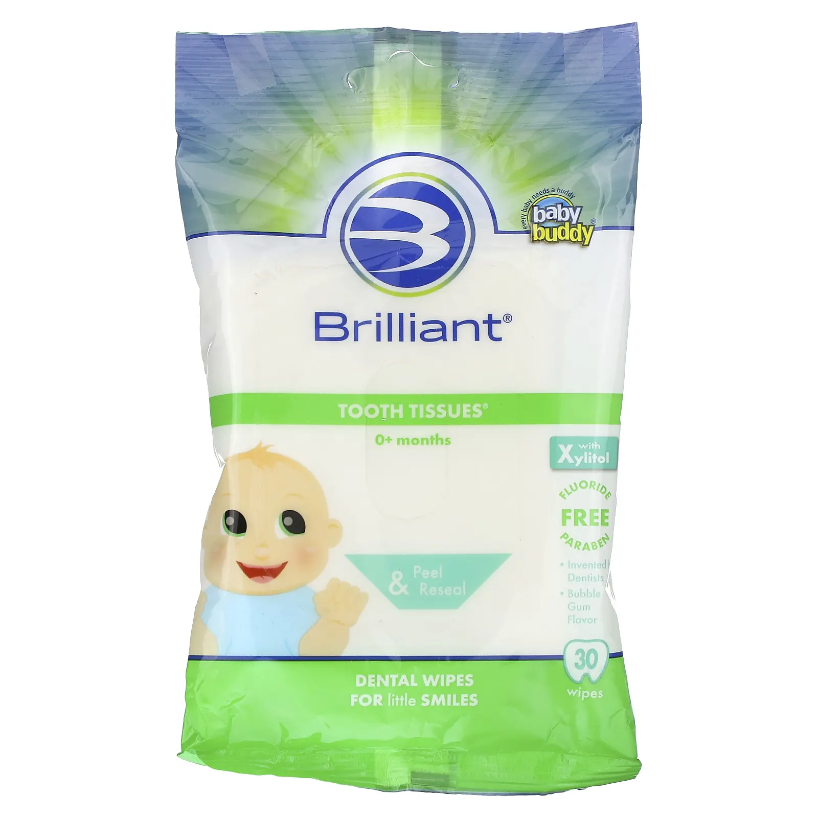 Baby Buddy, Brilliant, Tooth Tissues с ксилитолом, жевательная жевательная резинка, для детей от 0 месяцев, 30 салфеток