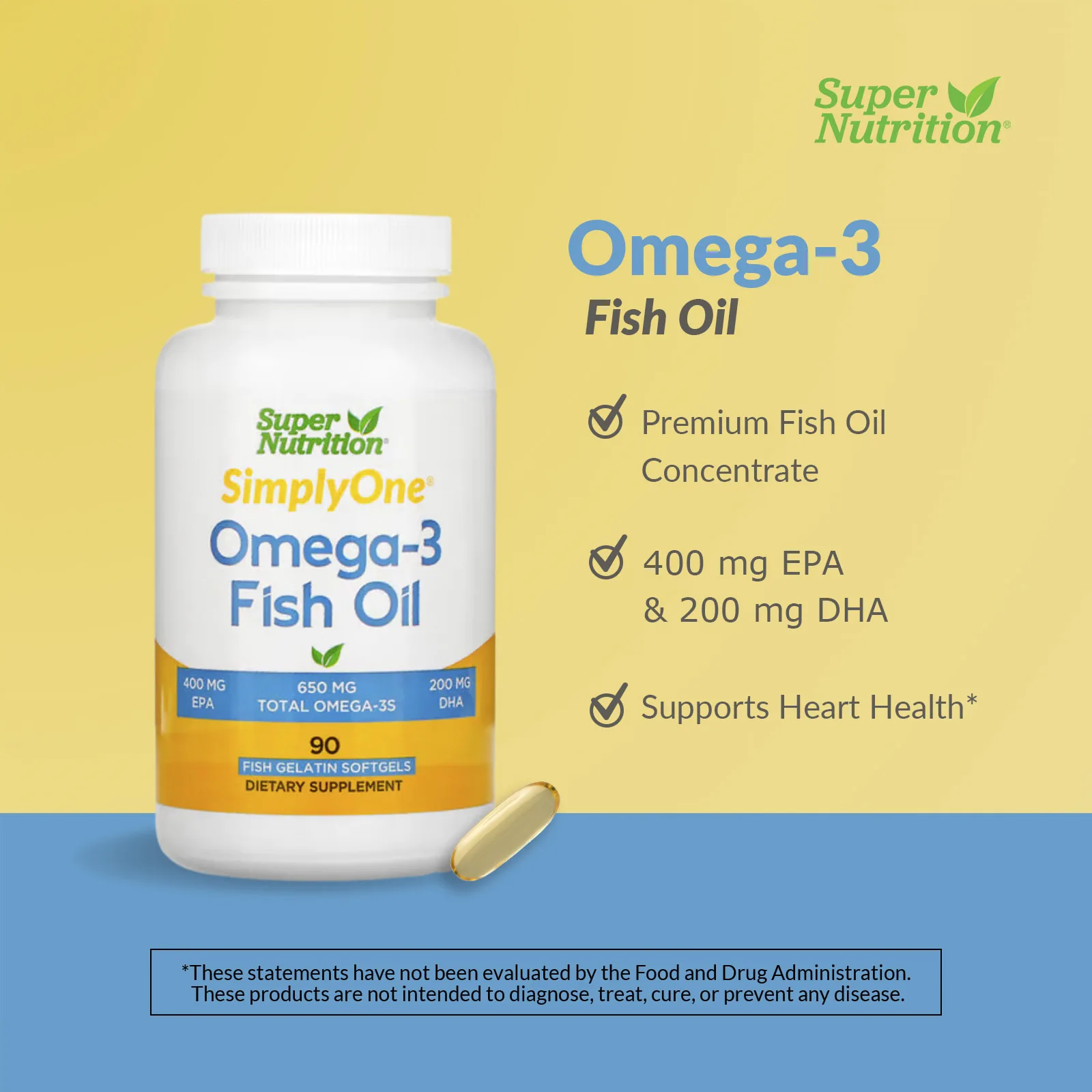 Super Nutrition, рыбий жир с омега-3, 1000 мг, 90 капсул из рыбьего желатина