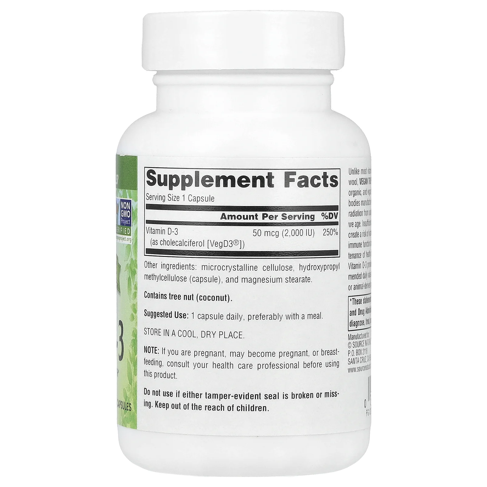 Source Naturals, Витамин D3 без ГМО, 50 мкг (2000 МЕ), 120 веганских капсул