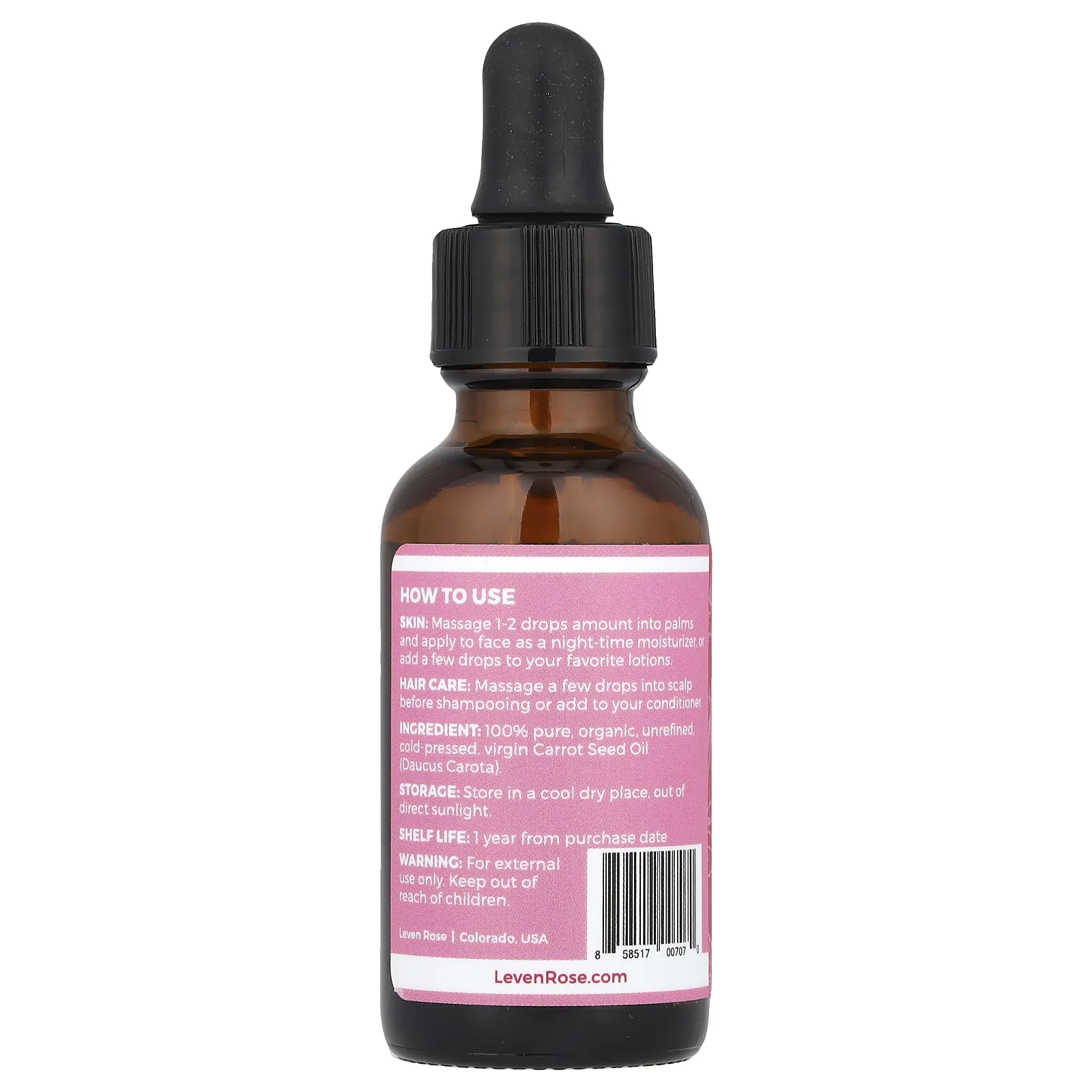 Leven Rose, 100% чистое и органическое, масло семян моркови, 30 мл (1 жидк. Унция)