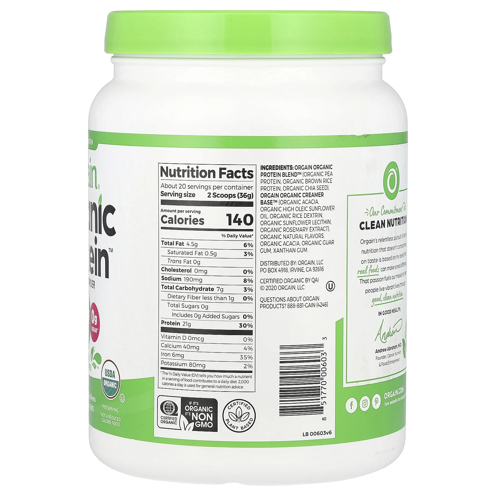 Orgain, Органический протеиновый порошок, растительный, натуральный без подсластителей, 720 г (1,59 фунта)