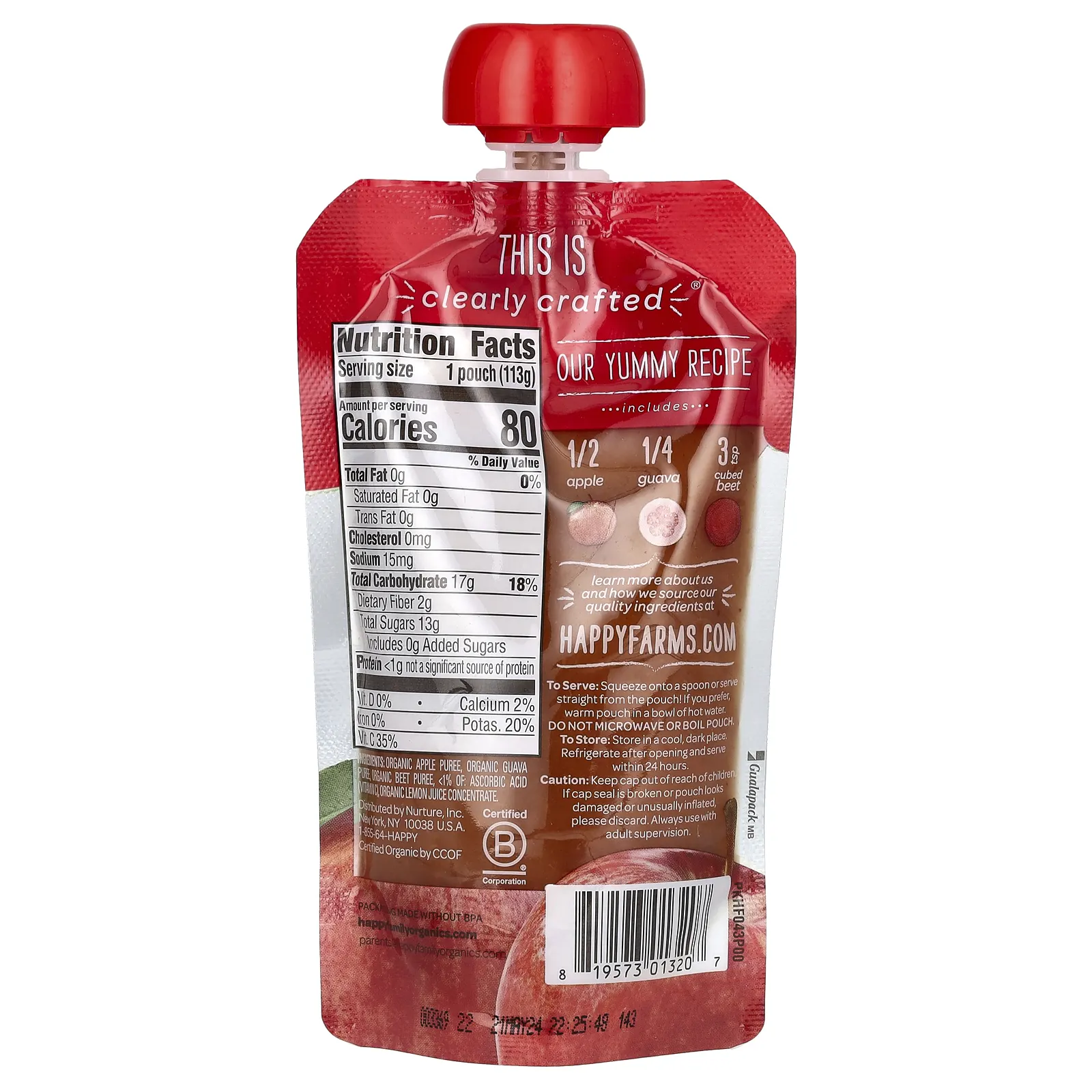 Happy Family Organics, Happy Baby, органическое детское питание, от 6 месяцев, яблоки, гуава и свекла, 113 г (4 унции)