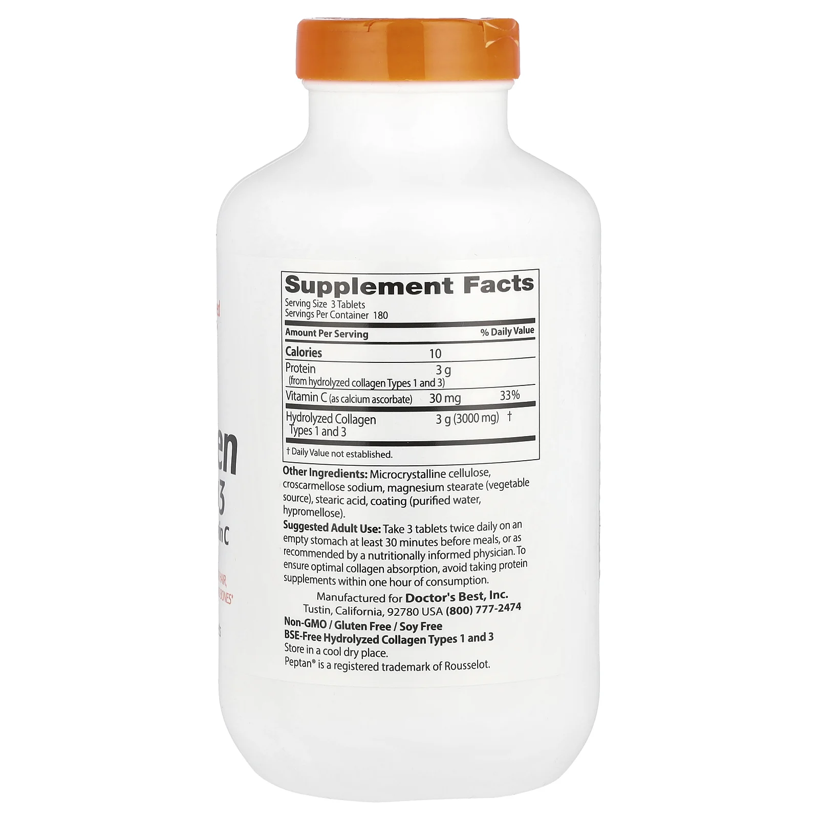 Doctor's Best, коллаген типа 1 и 3 с Peptan и витамином C, 1000 мг, 540 таблеток