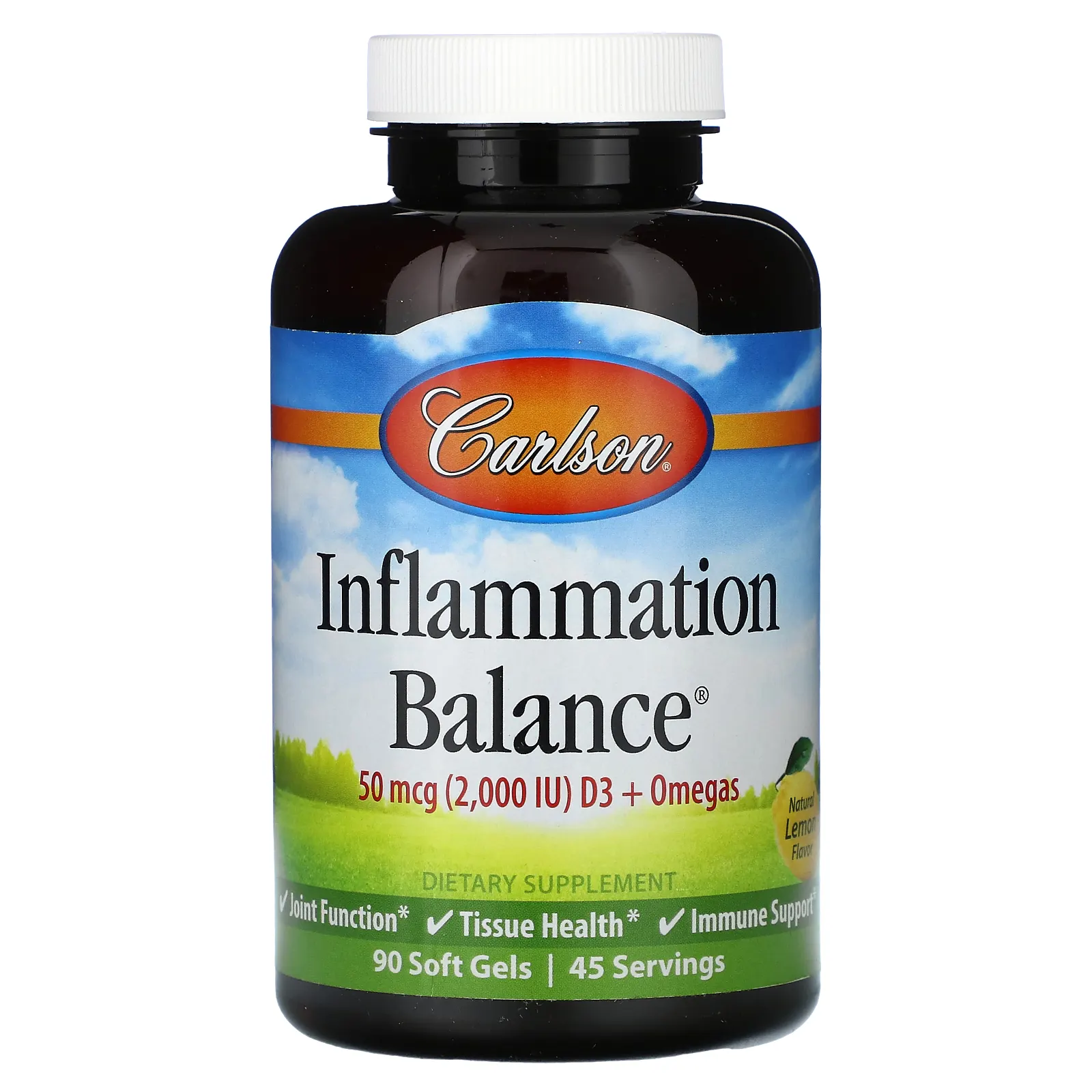 Carlson, Inflammation Balance, D3 с омега-кислотами, натуральный лимонный вкус, 2000 МЕ, 90 капсул (25 мкг (1000 МЕ) в 1 капсуле)
