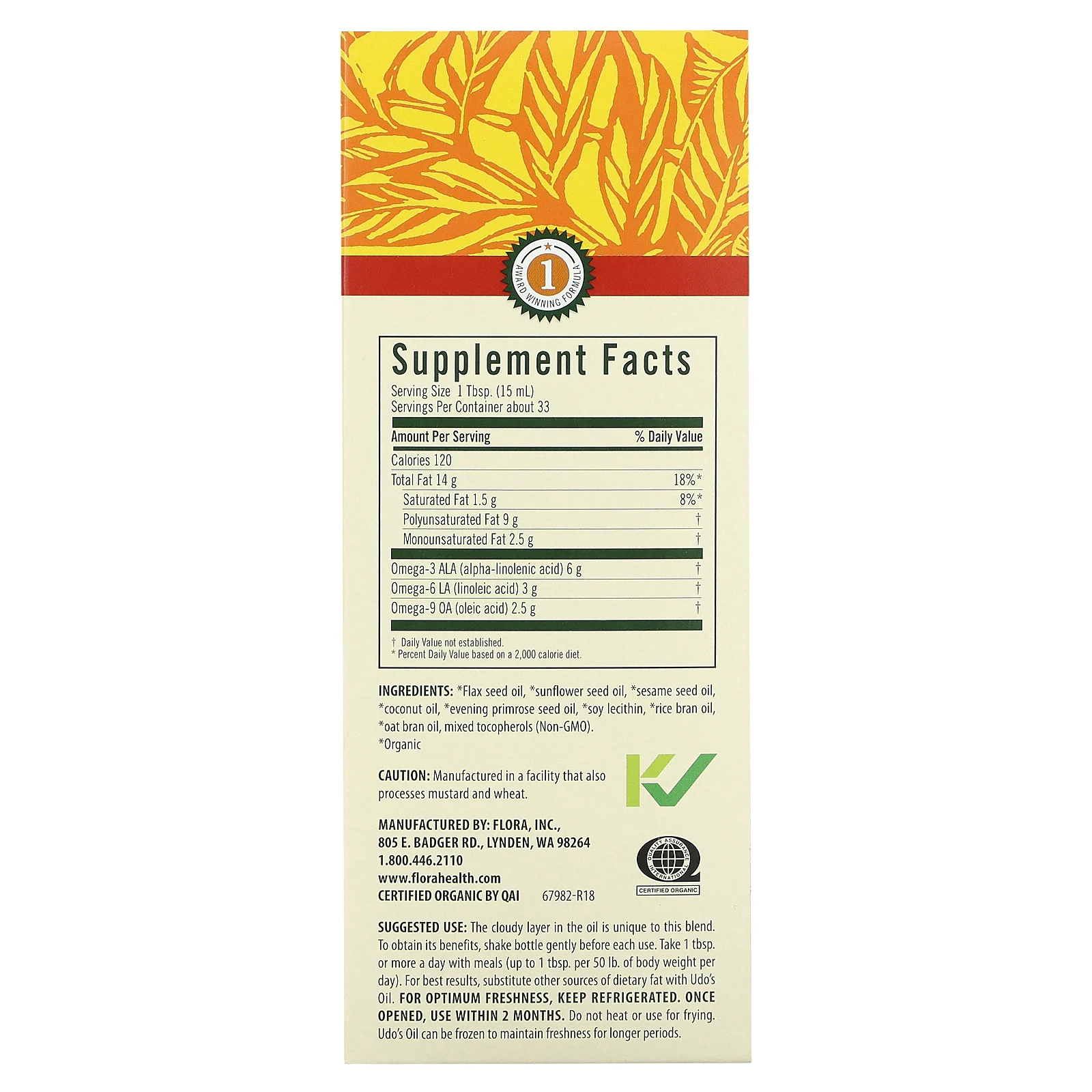 Flora, Смесь масел Удо 3-6-9, 500 мл (17 жидк. Унций)