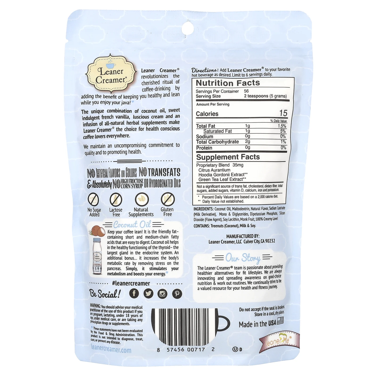 Leaner Creamer, Заменитель сливок для кофе из кокосового масла, французская ваниль, 280 г