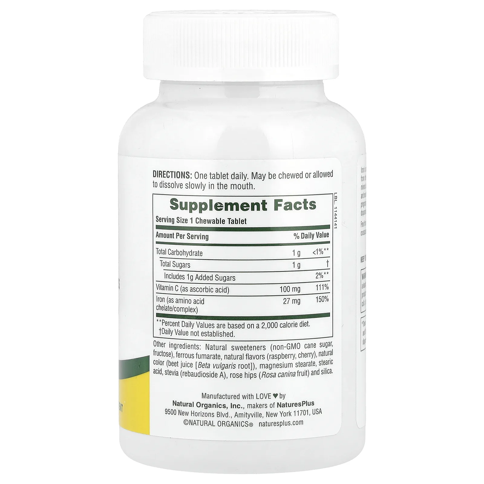 NaturesPlus, высокоэффективное железо с витамином C и травами, вишневый вкус, 90 жевательных таблеток