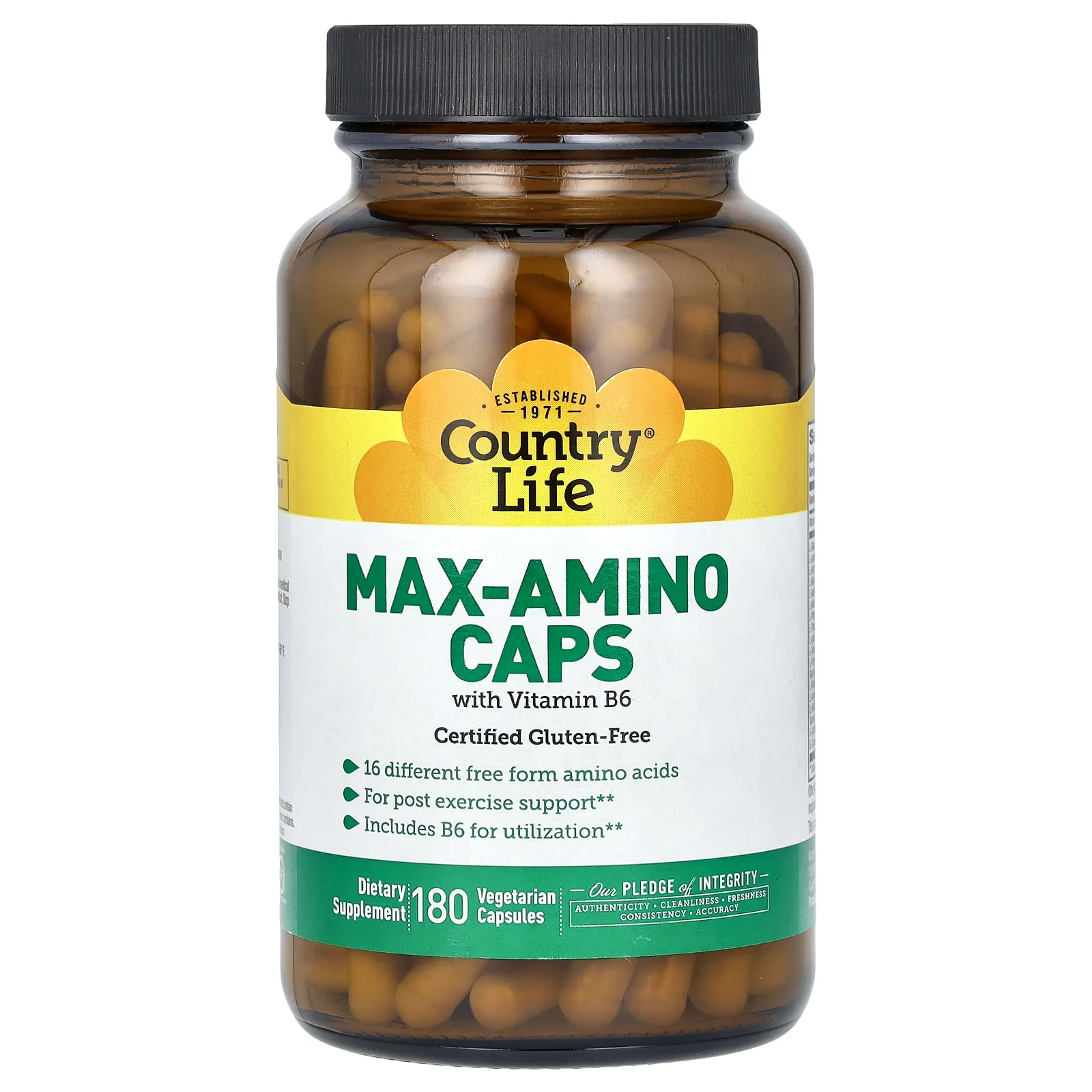 Country Life, Max-Amino Caps, с витамином B-6, 180 вегетарианских капсул