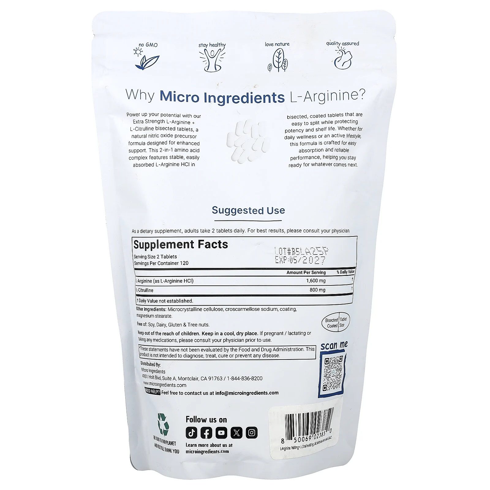 Micro Ingredients, L аргинин + L-цитруллин, 240 разделенных на части таблеток