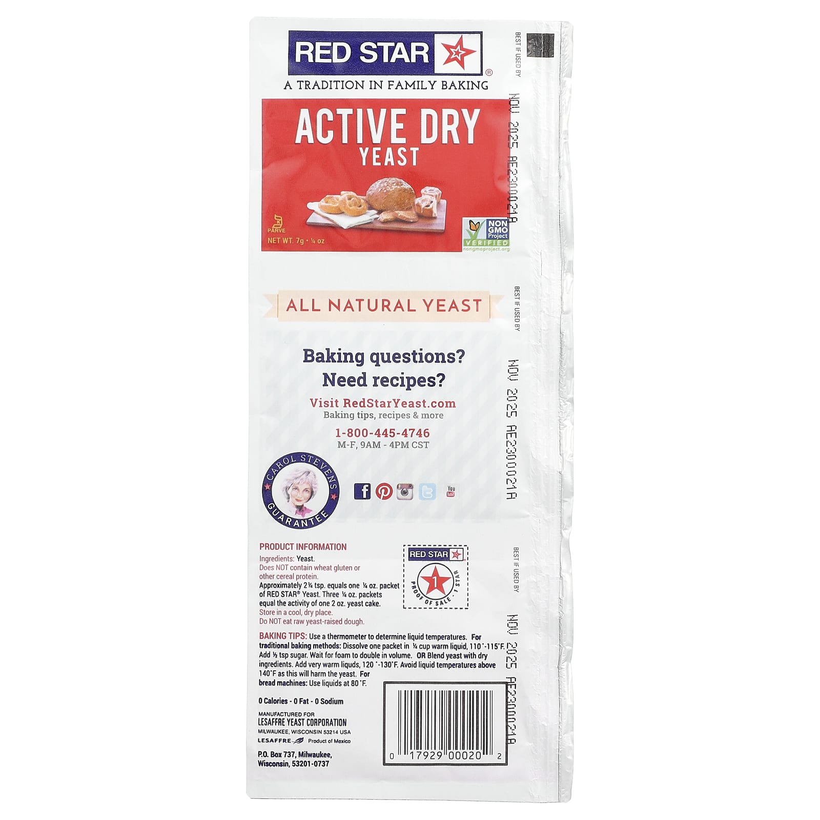 Red Star, Активные сухие дрожжи, 3 полоски, 7 г (0,25 унции)