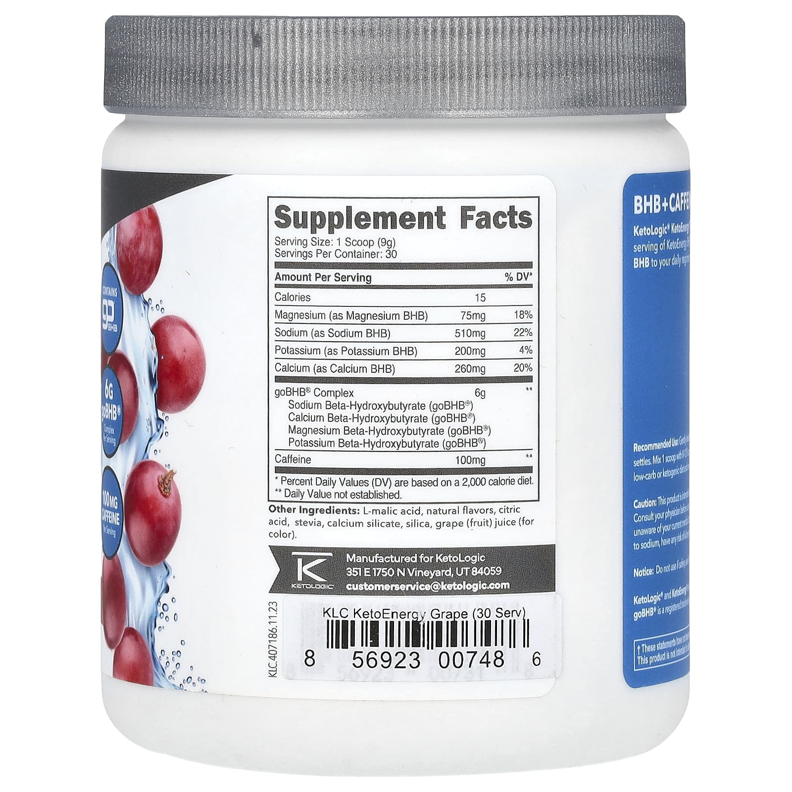 KetoLogic, Keto Energy, BHB с кофеином, со вкусом винограда, 255 г (9,1 унции)