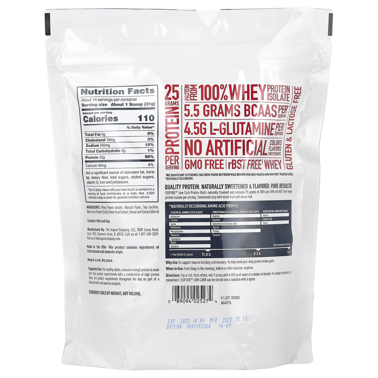 Isopure, протеиновый порошок с низким содержанием углеводов, клубника, 454 г (1 фунт)