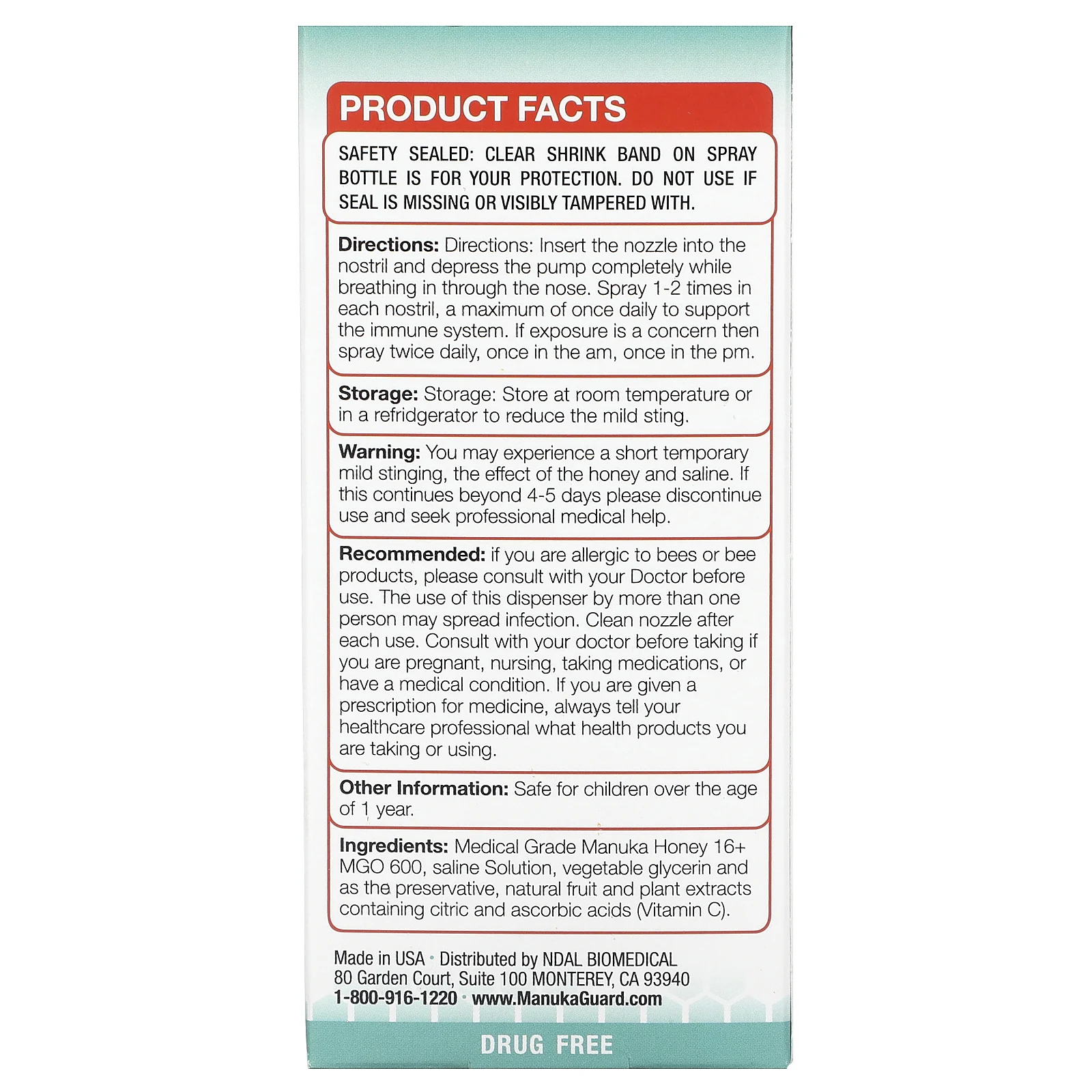 ManukaGuard, Медицинский мед манука, назальный спрей для иммунной защиты, 40 мл (1,35 жидк. Унции)