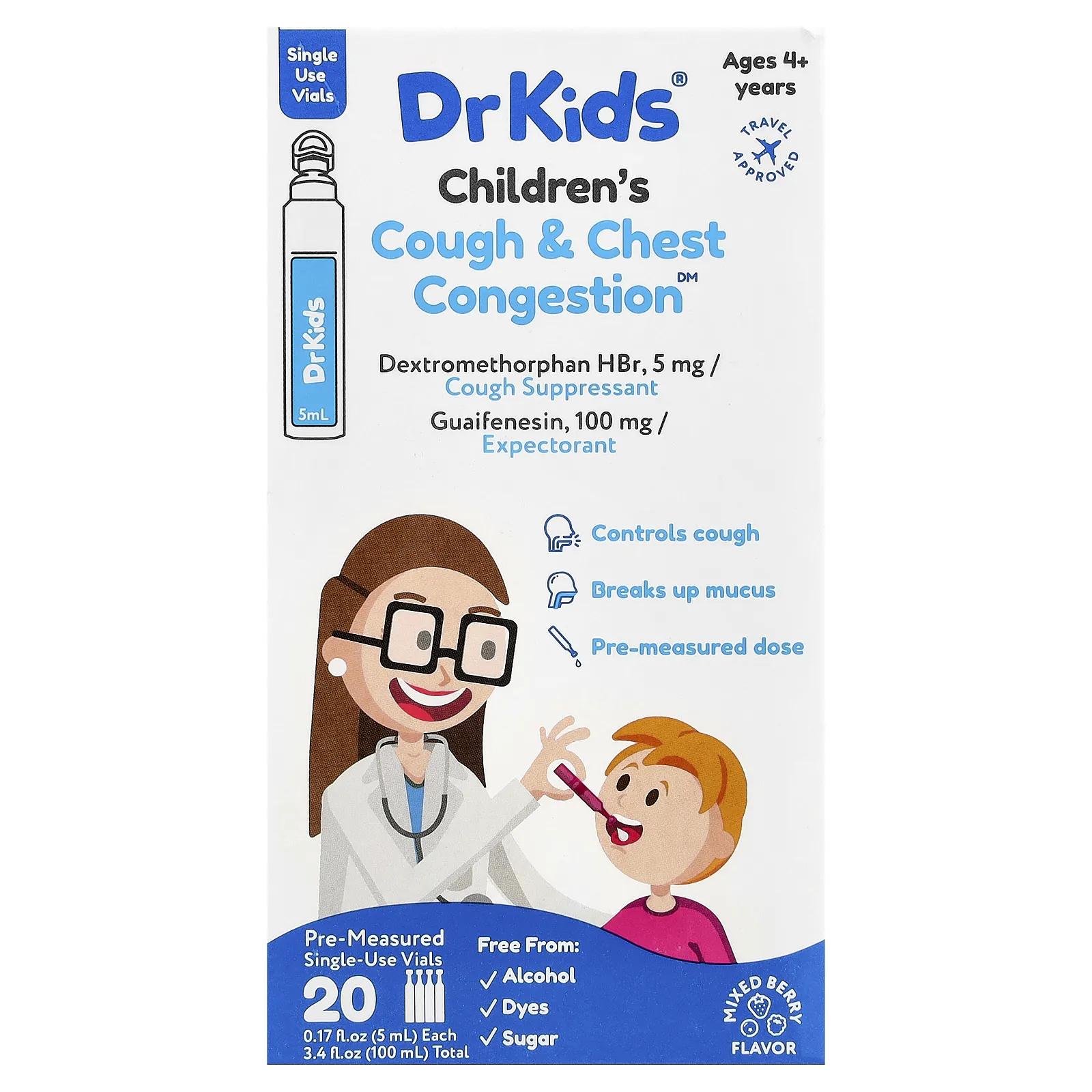 DrKids, Children's Кашель и заложенность носа, от 4 лет, ягодная смесь, 20 одноразовых флаконов по 5 мл (0,17 жидк. унции)