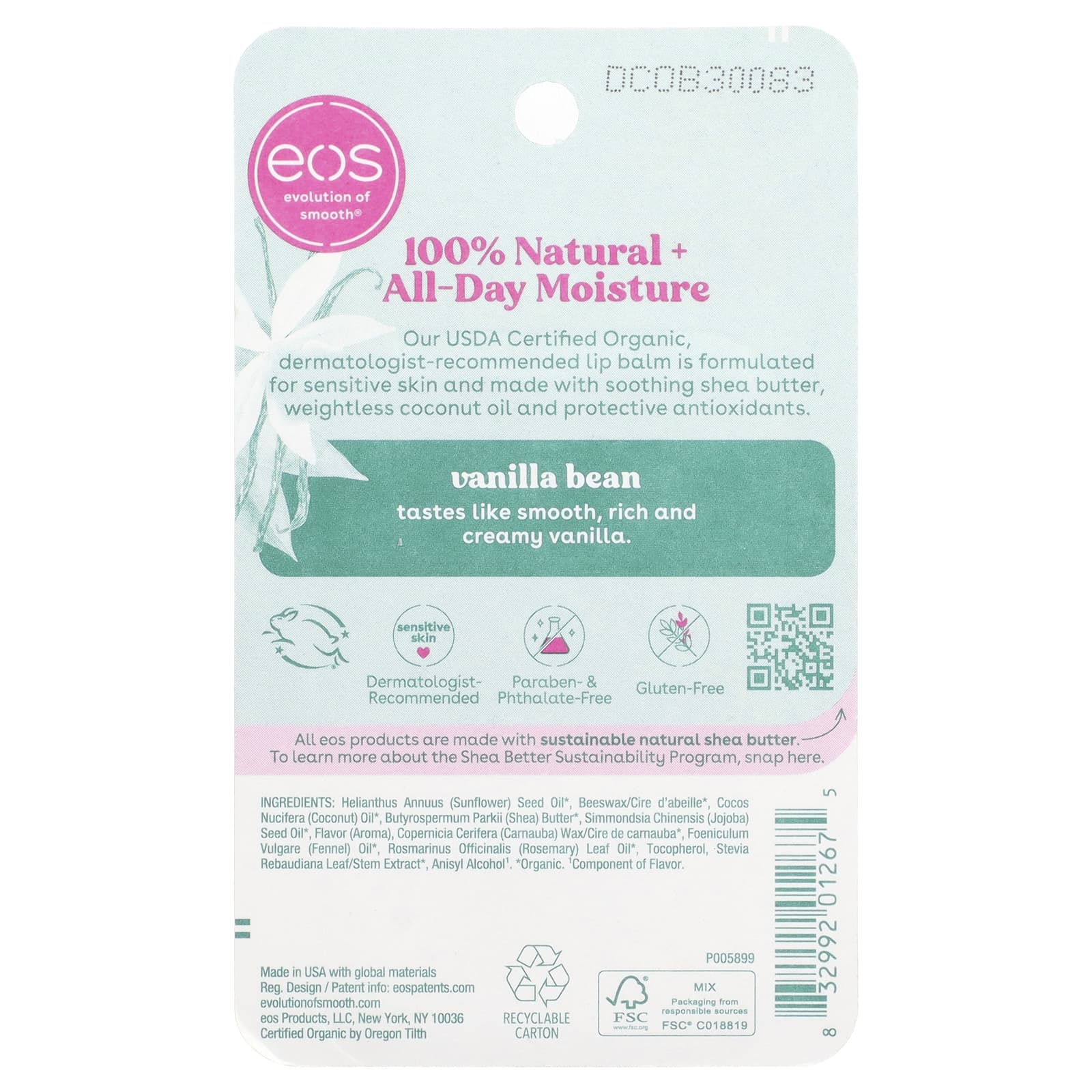 EOS, 100% органический натуральный бальзам для губ с ши, ванильные бобы, 2 шт. в упаковке, 4 г (0,14 унции)